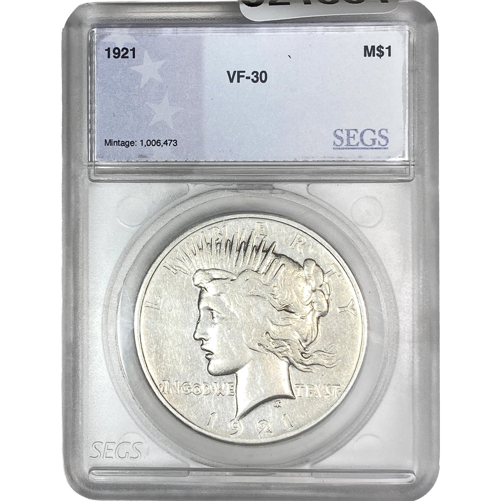 1921 Silver Peace Dollar SEGS VF30: 1921 Silver Peace Dollar SEGS VF30