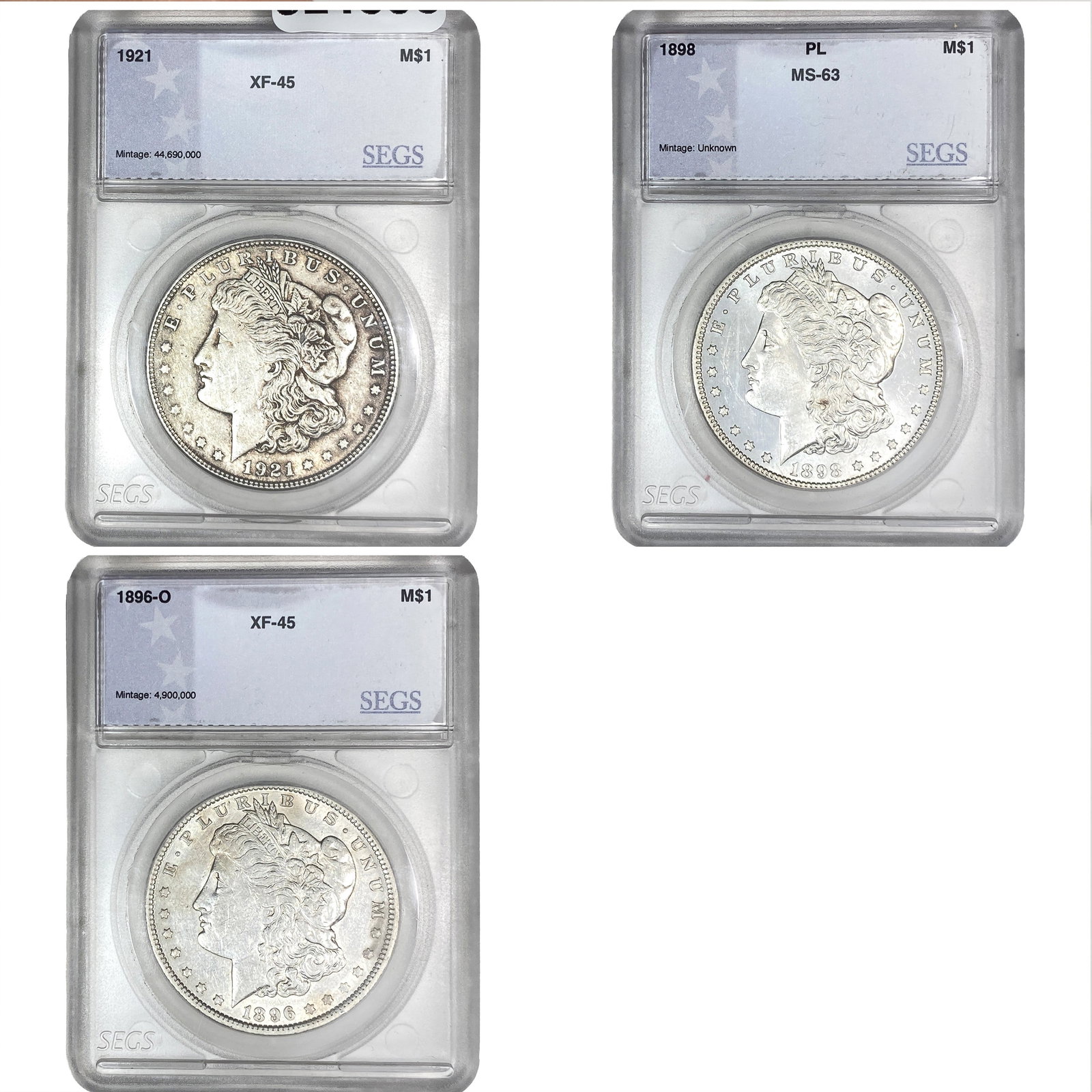 [3 Coins] 1896-1921 Morgan Silver Dollar SEGS XF/MS45-63 (1 of 2)