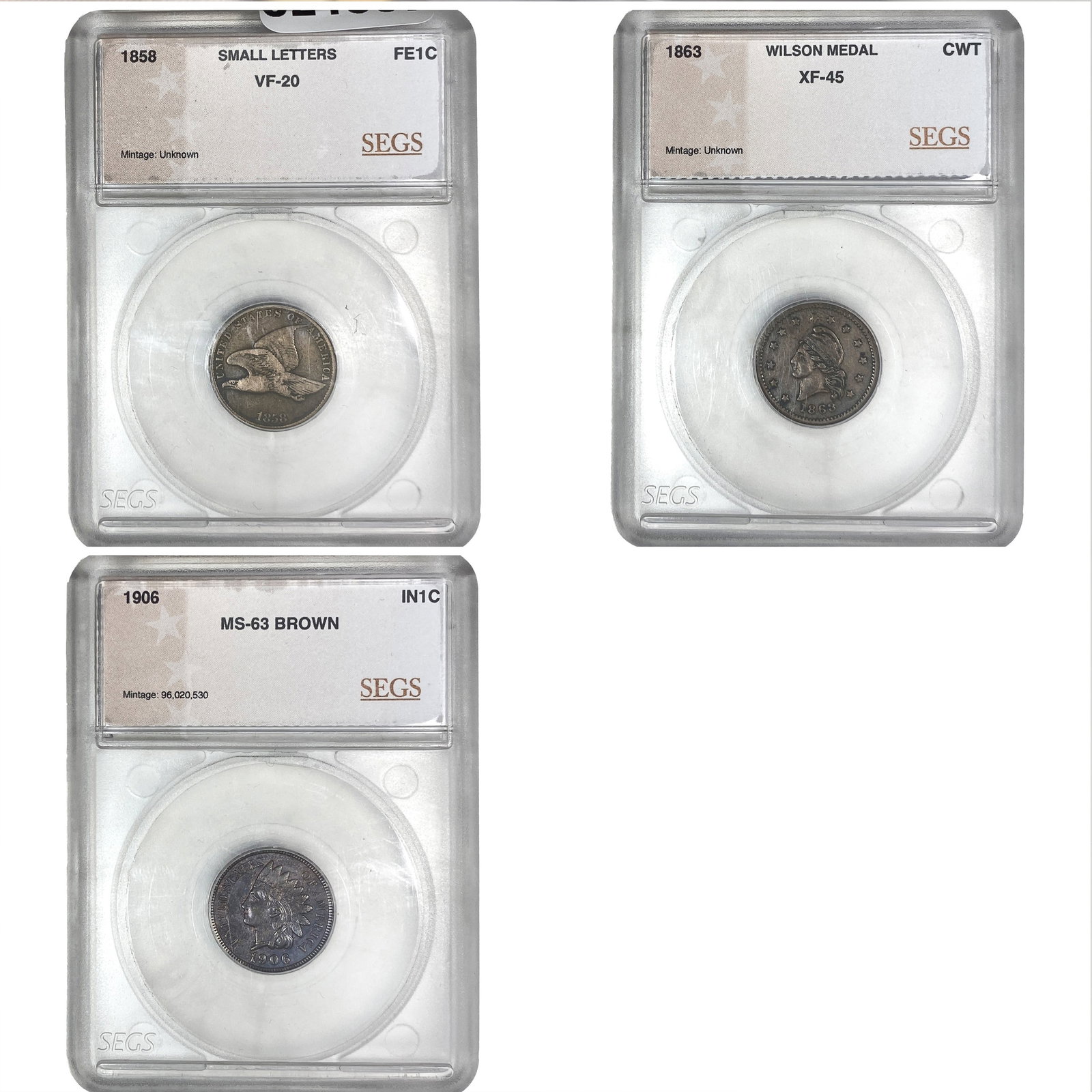 [3 Coins] 1858-1906 U.S. 1C Lot SEGS (1 of 2)