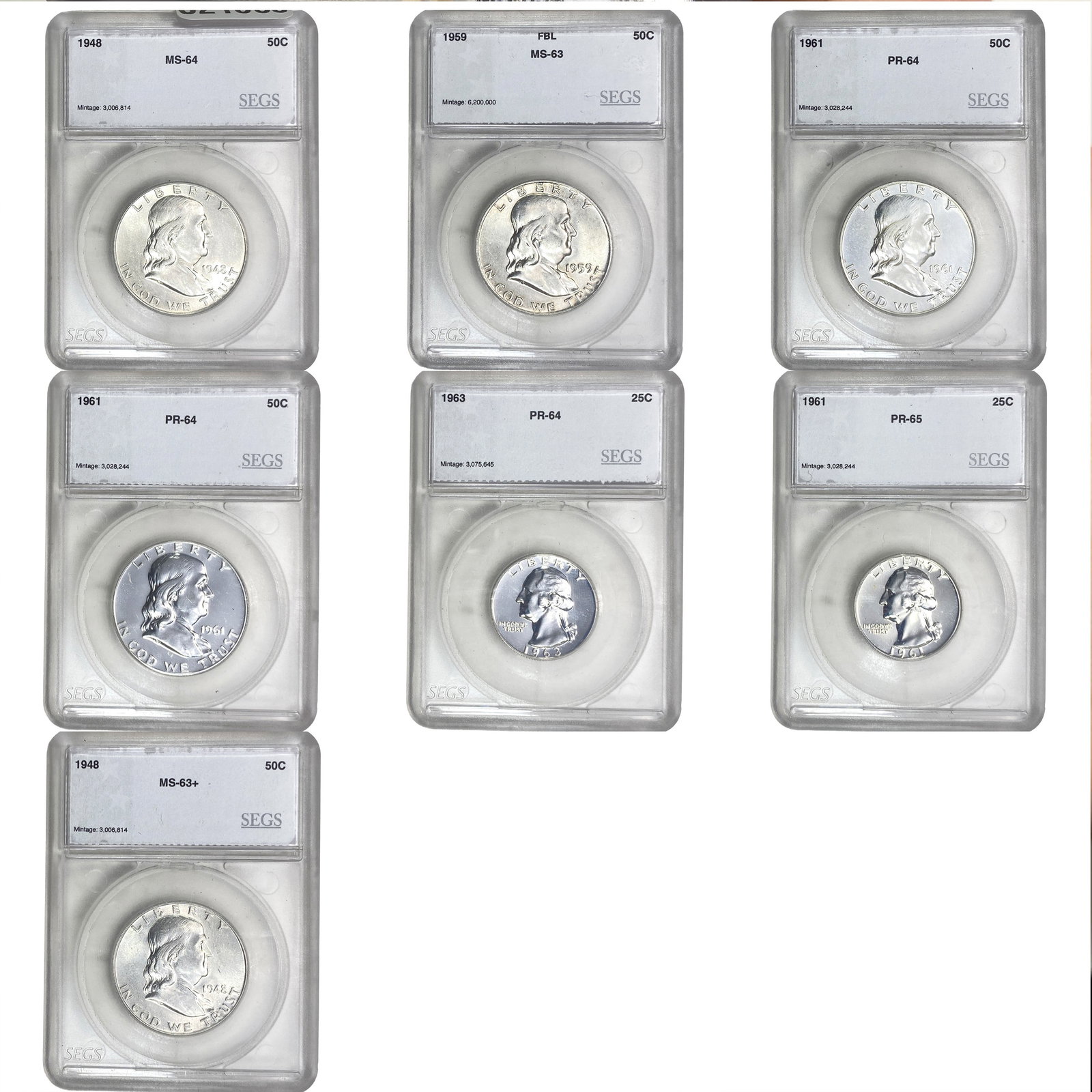 [7 Coins] 1948-1963 U.S. Coin Lot 25C-50C SEGS PR/MS63-65 (1 of 2)