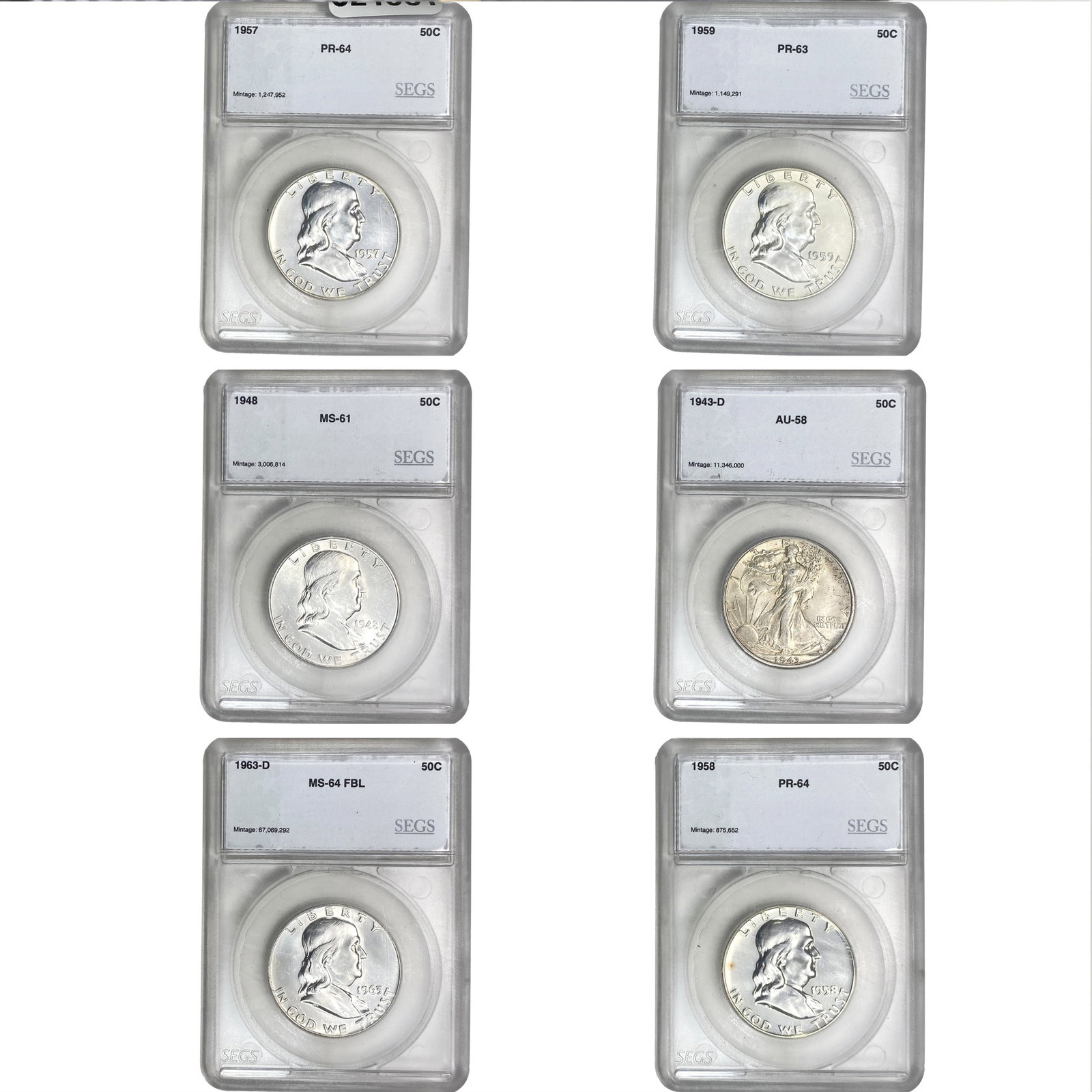 [6 Coins] 1943-1963 Franklin & Walk. Lib. 50C SEGS PR/AU/MS58-64 (1 of 2)
