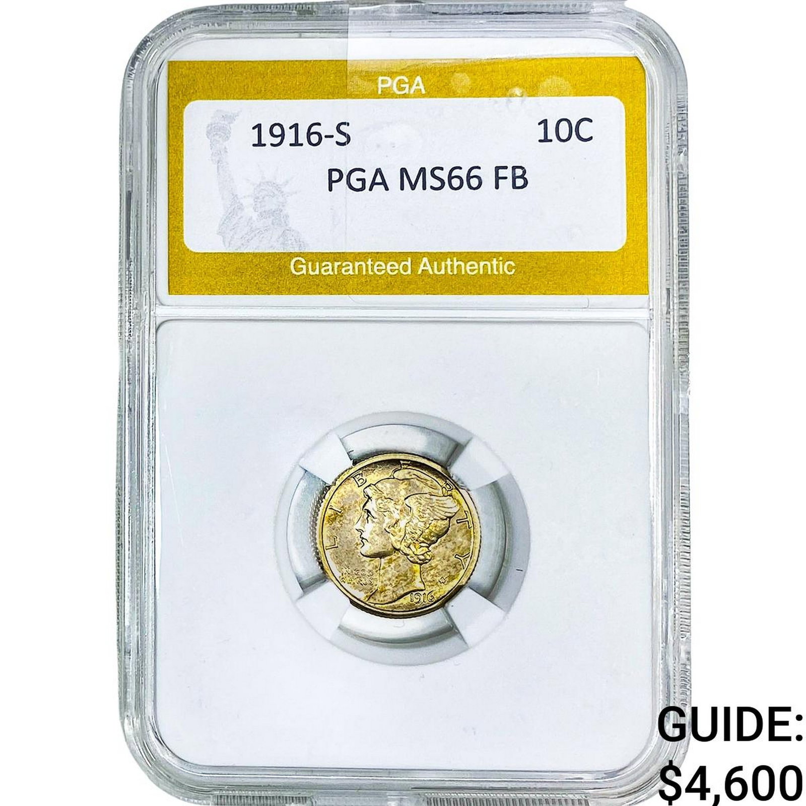 1916-S Mercury Silver Dime PGA MS66 FB: 1916-S Mercury Silver Dime PGA MS66 FB