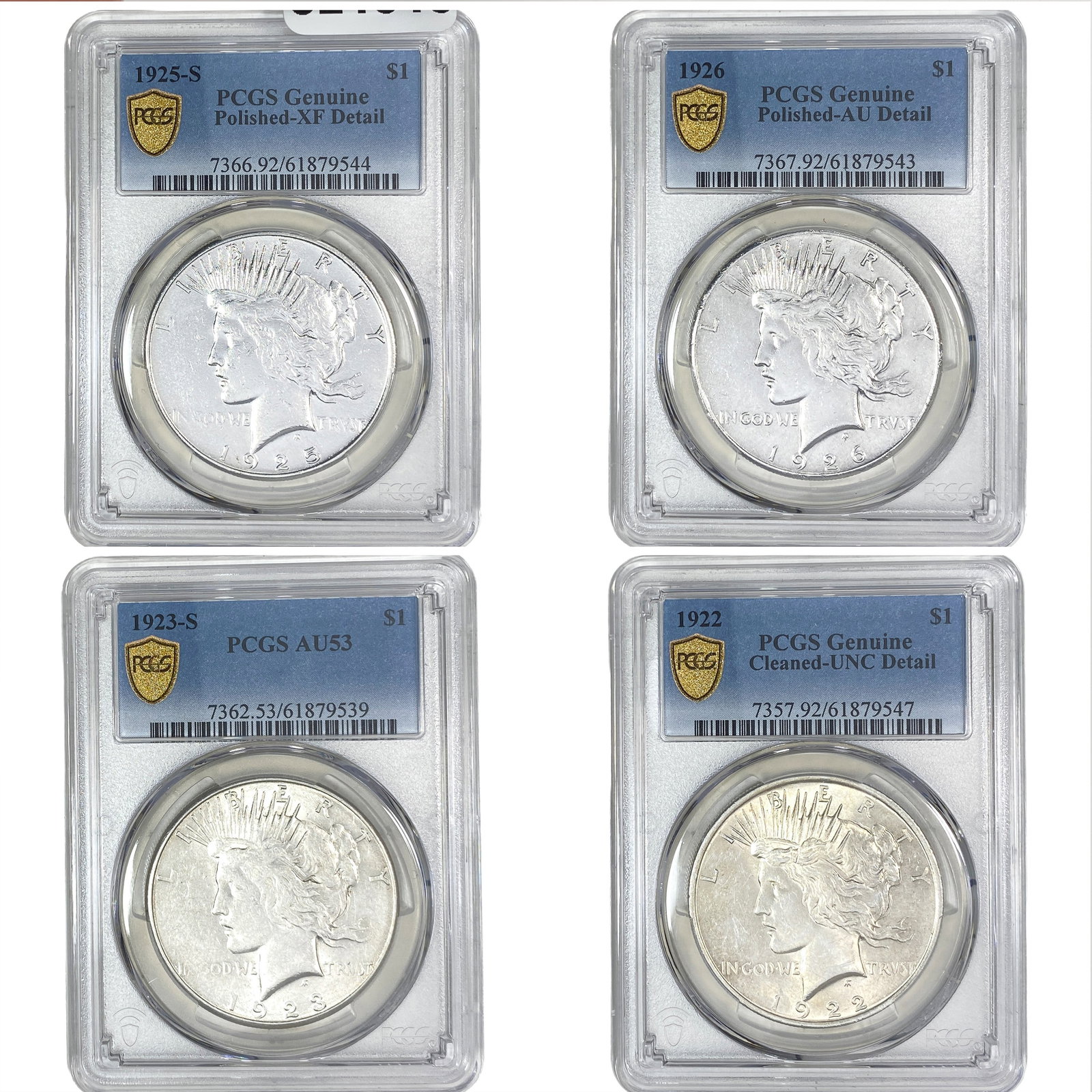 [4 Coins] 1922-1926 Silver Peace Dollar PCGS Genuine: [4 Coins] 1922-1926 Silver Peace Dollar PCGS Genuine