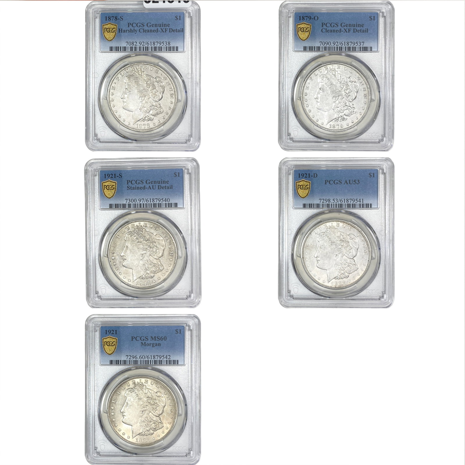 [5 Coins] 1878-1921 Morgan Silver Dollar PCGS Genuine: [5 Coins] 1878-1921 Morgan Silver Dollar PCGS Genuine