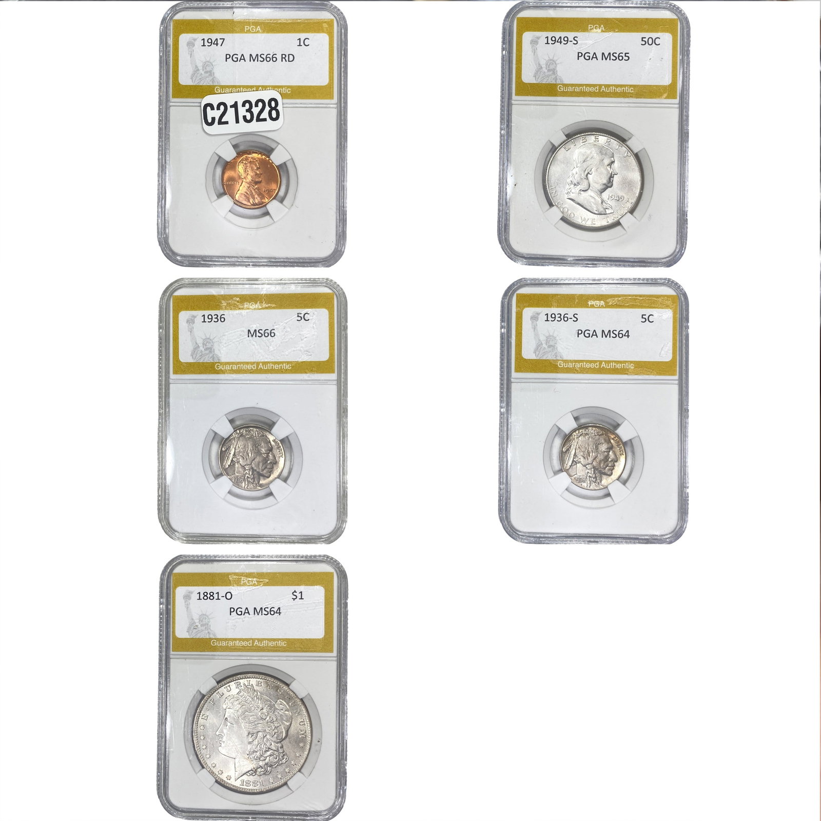 [5 Coins] 1881-1949 U.S. Coin Lot 1C-$1 PGA MS64-66 (1 of 2)