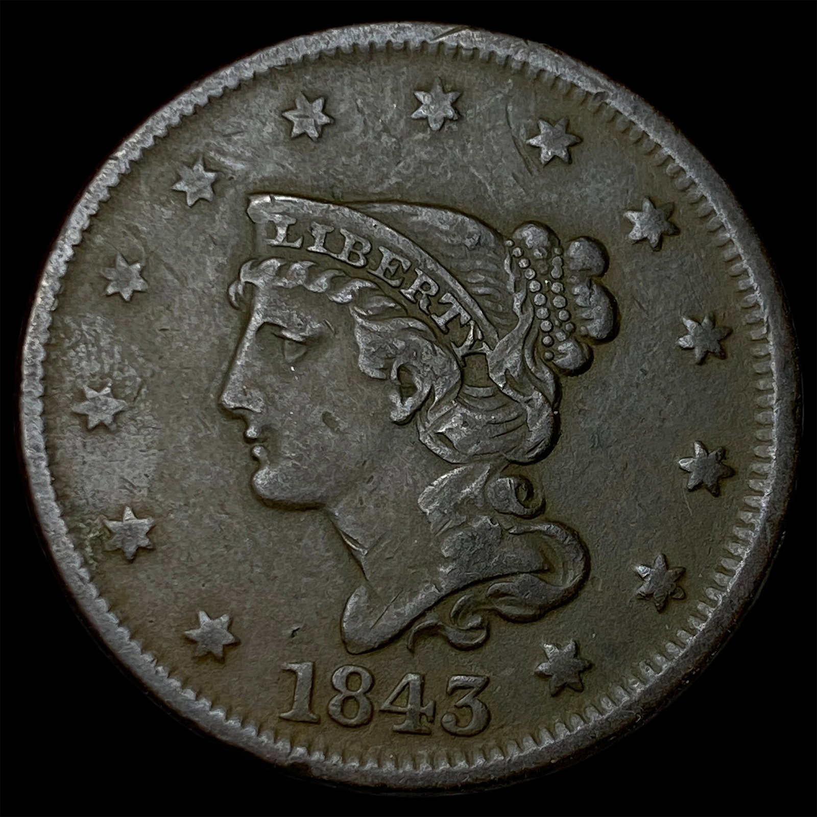 1843 Braided Hair Large Cent CLOSELY UNCIRCULATED: 1843 Braided Hair Large Cent CLOSELY UNCIRCULATED