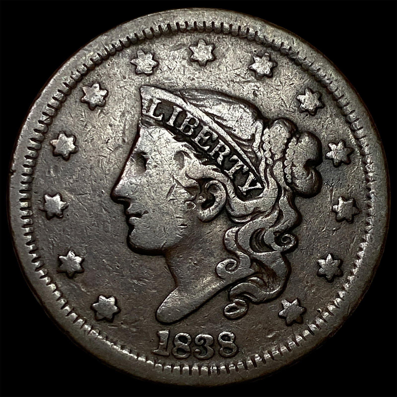 1838 Coronet Head Large Cent NEARLY UNCIRCULATED: 1838 Coronet Head Large Cent NEARLY UNCIRCULATED