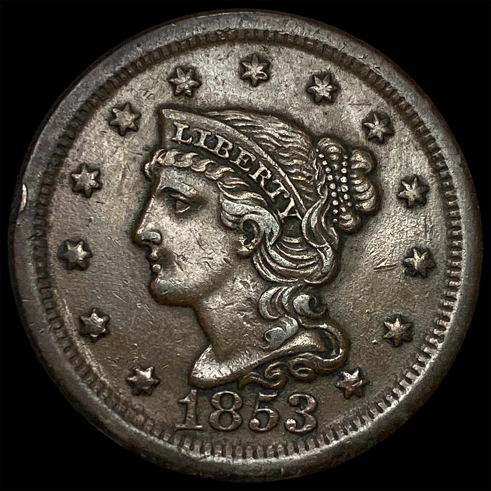 1853 Braided Hair Large Cent CHOICE AU: 1853 Braided Hair Large Cent CHOICE AU