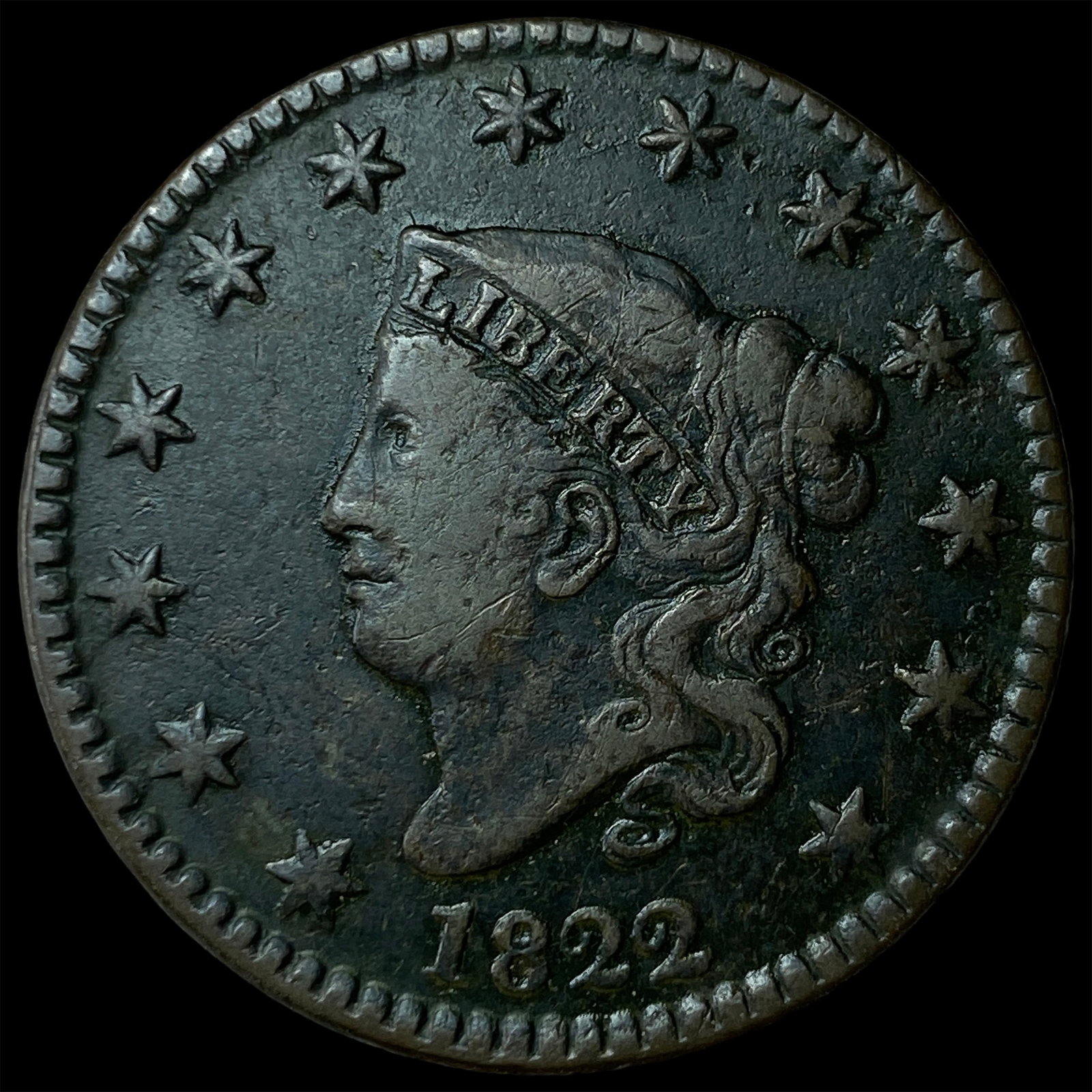 1822 Coronet Head Large Cent CLOSELY UNCIRCULATED: 1822 Coronet Head Large Cent CLOSELY UNCIRCULATED
