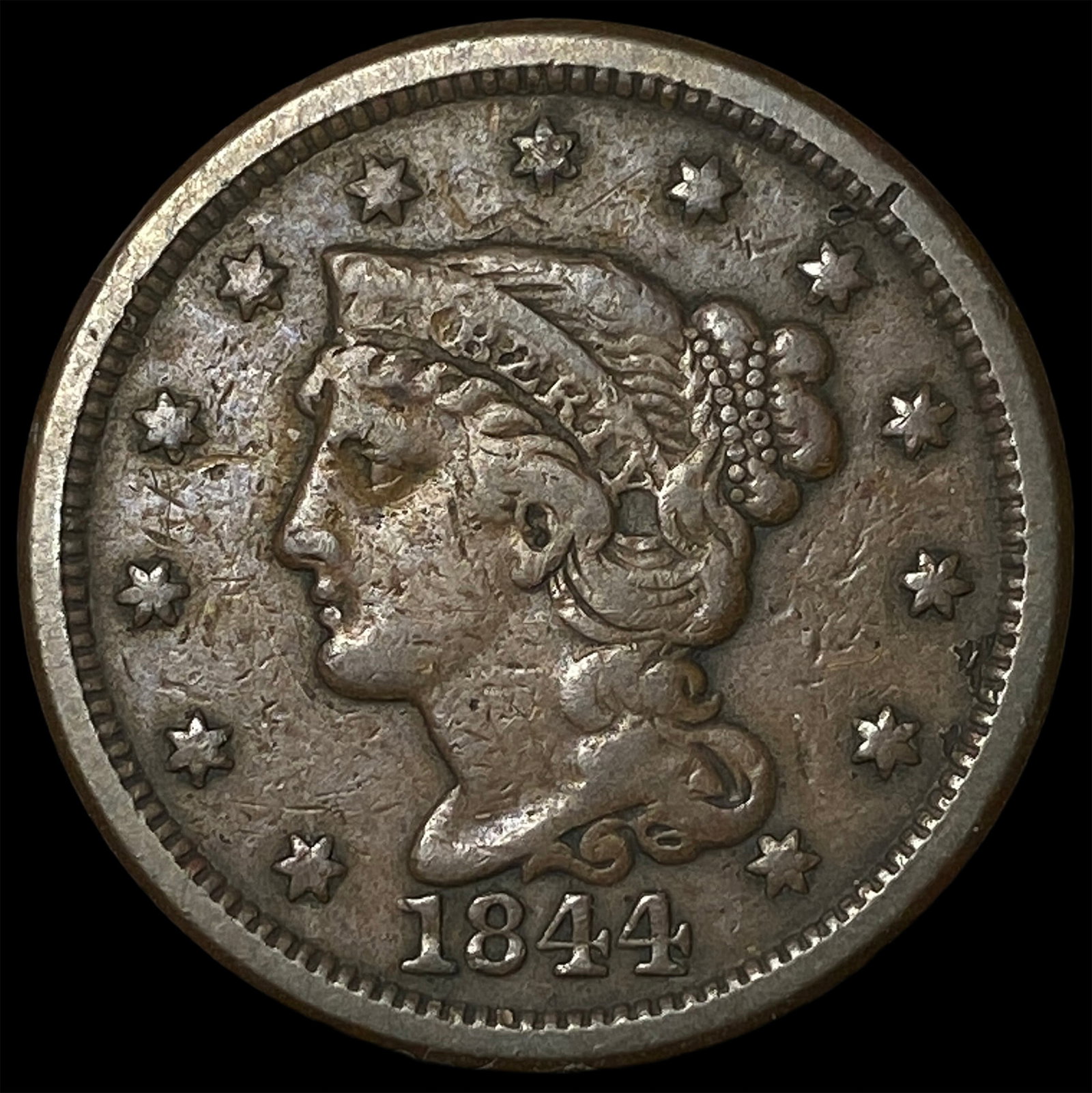 1844 Braided Hair Large Cent NEARLY UNCIRCULATED: 1844 Braided Hair Large Cent NEARLY UNCIRCULATED