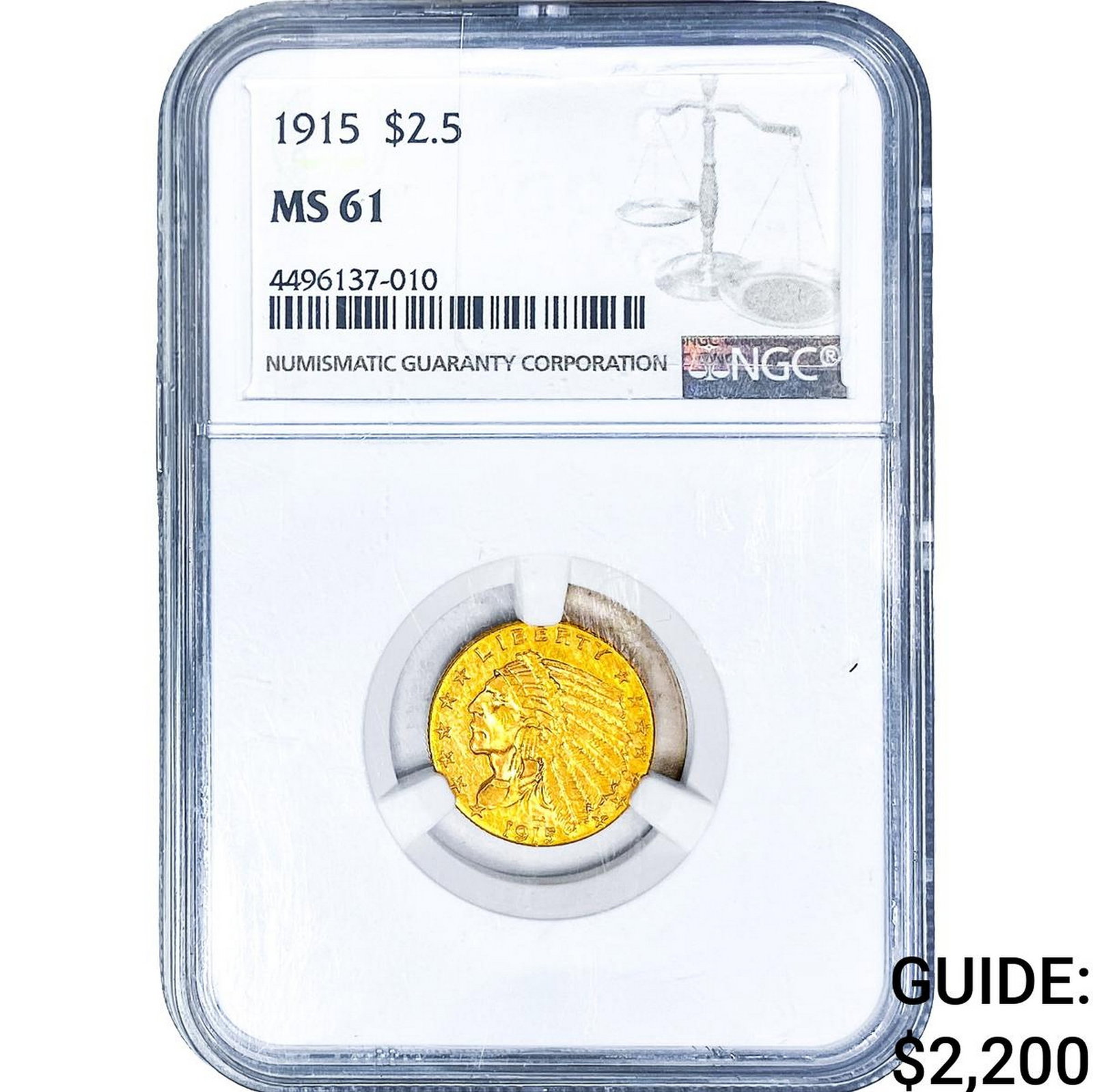 1915 $2.50 Gold Quarter Eagle NGC MS61: 1915 $2.50 Gold Quarter Eagle NGC MS61