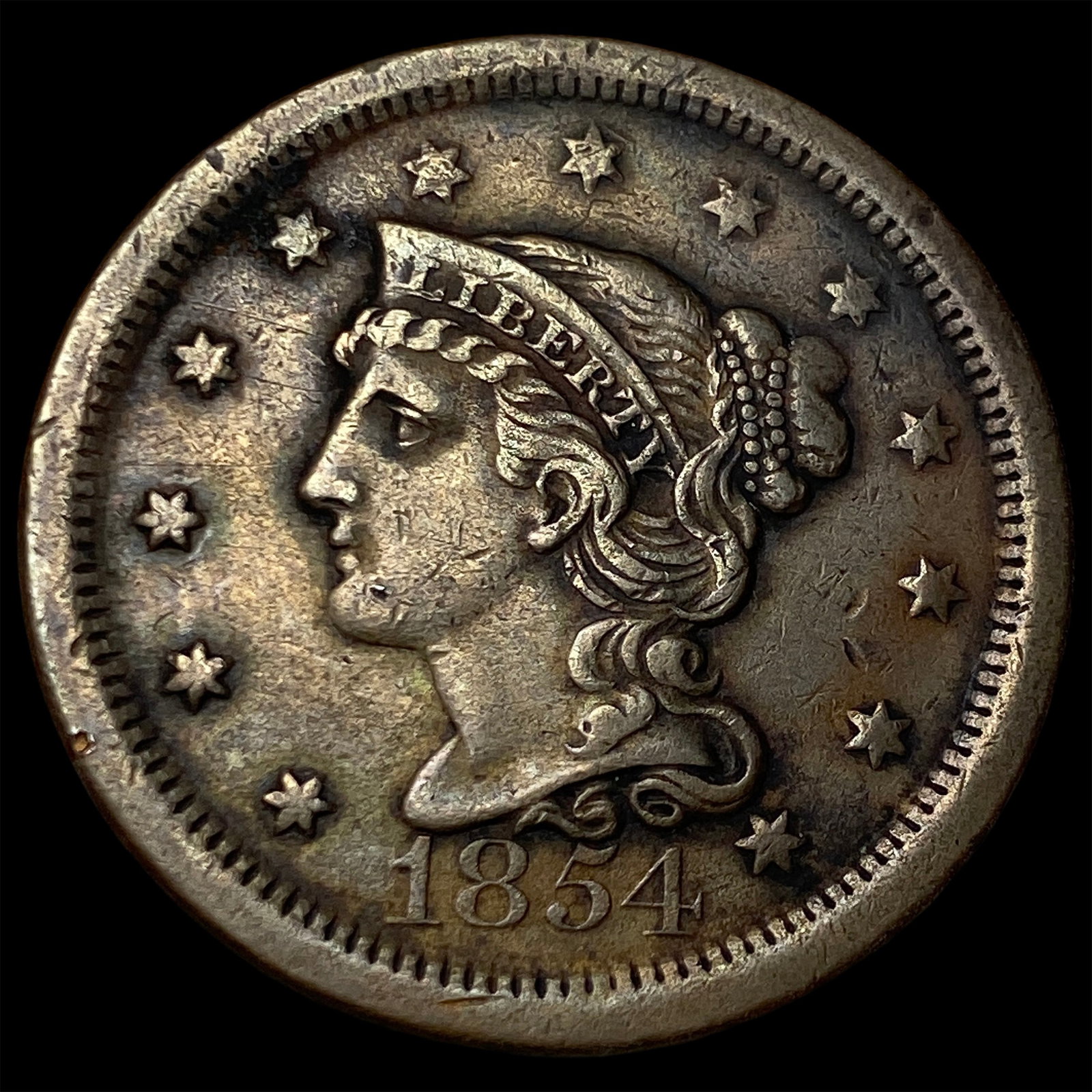 1854 Braided Hair Large Cent CLOSELY UNCIRCULATED: 1854 Braided Hair Large Cent CLOSELY UNCIRCULATED