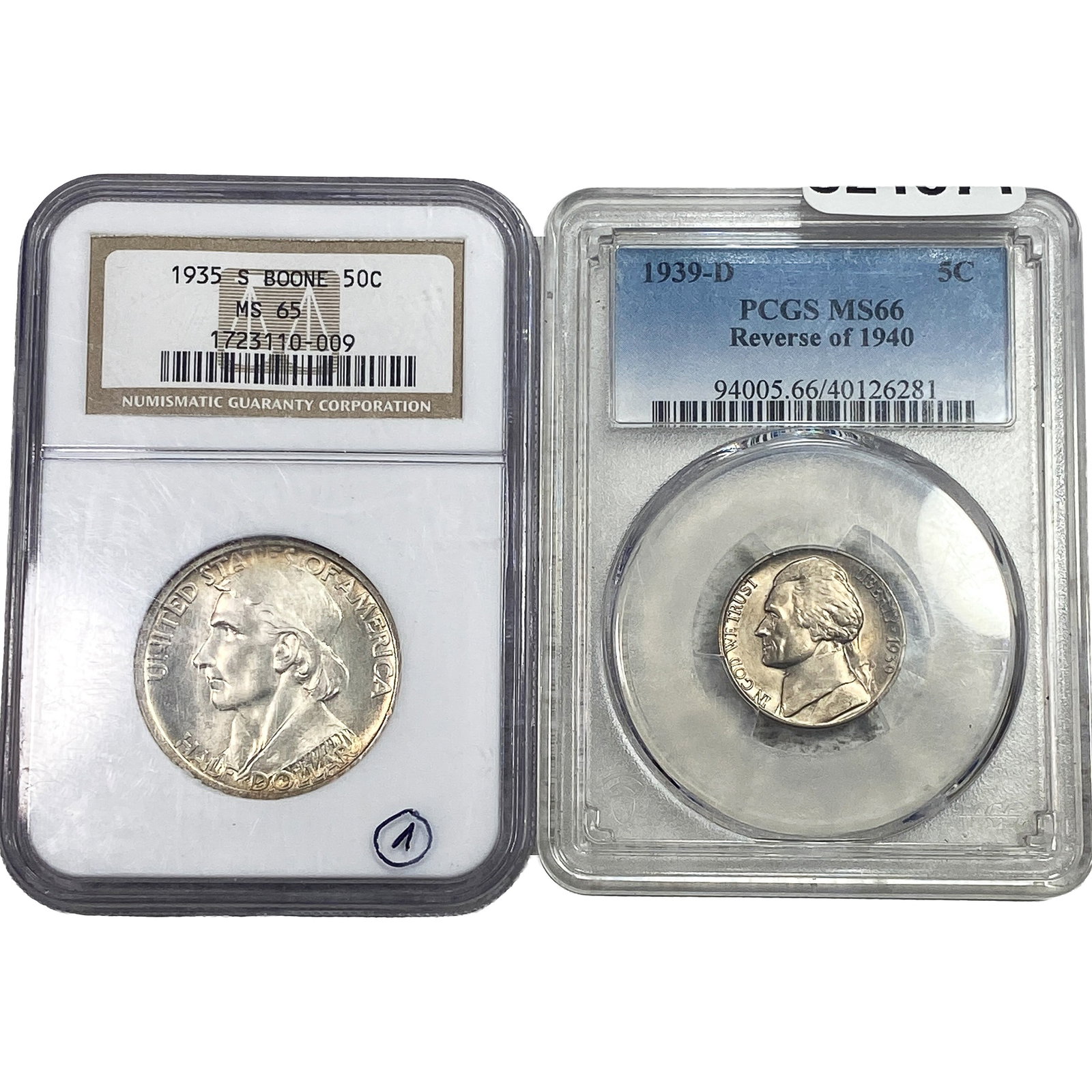 [2 Coins] 1935-1939 Jefferson 5C & Boone Commem. 50C NGC/PCGS MS65-66 (1 of 2)