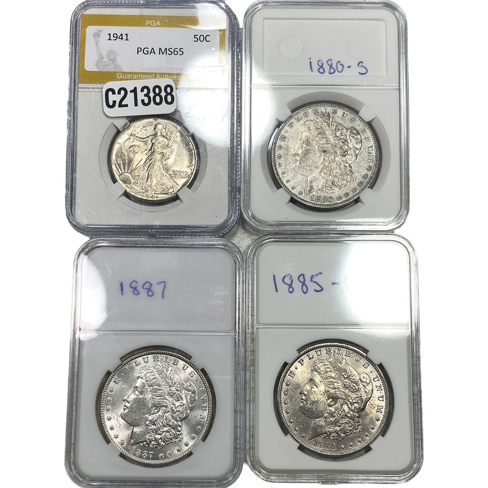 [4 Coins] 1880-1941 Walking Lib. 50C & Morgan $1 PGA MS65 (1 of 2)