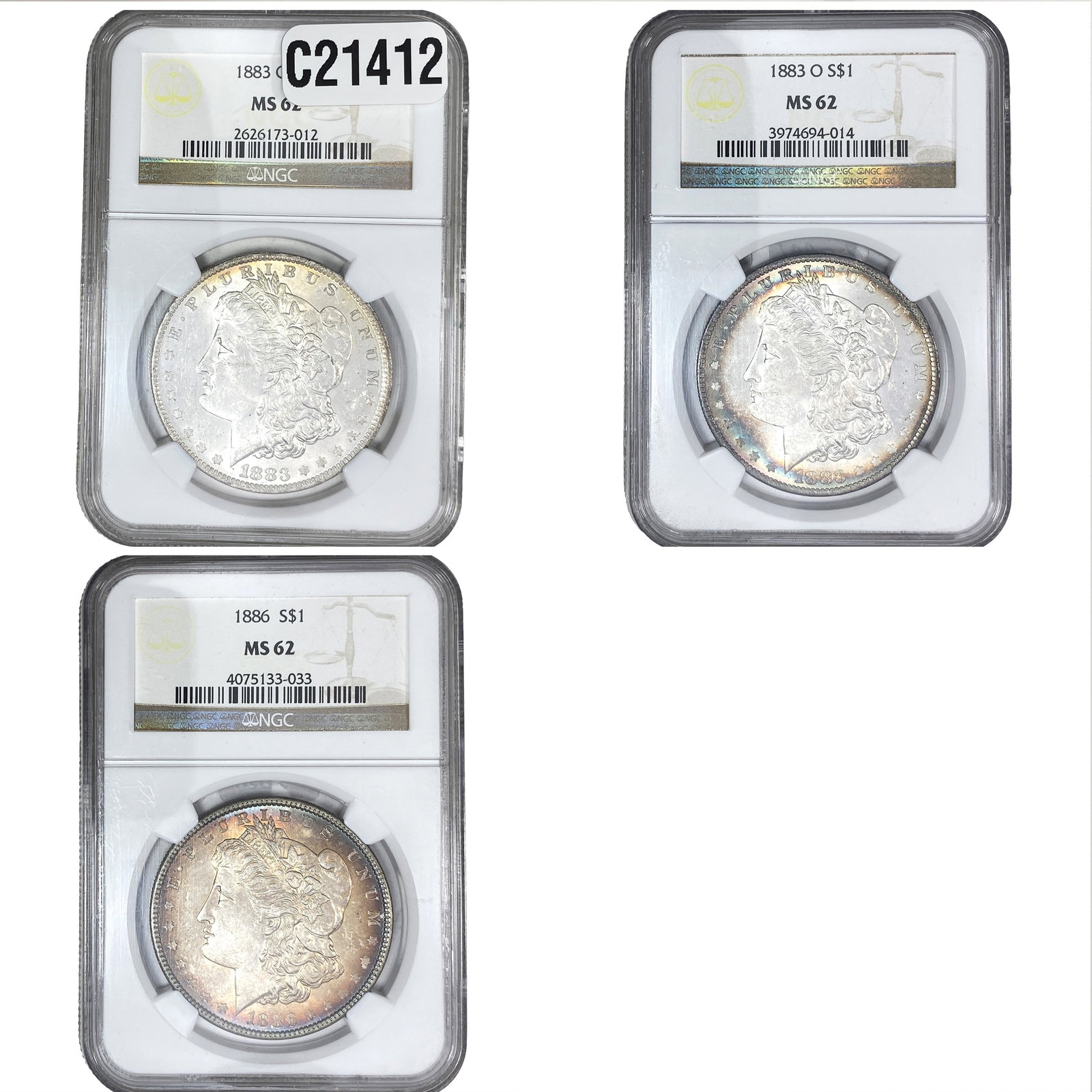 [3 Coins] 1883-1886 Morgan Silver Dollar NGC MS62: [3 Coins] 1883-1886 Morgan Silver Dollar NGC MS62