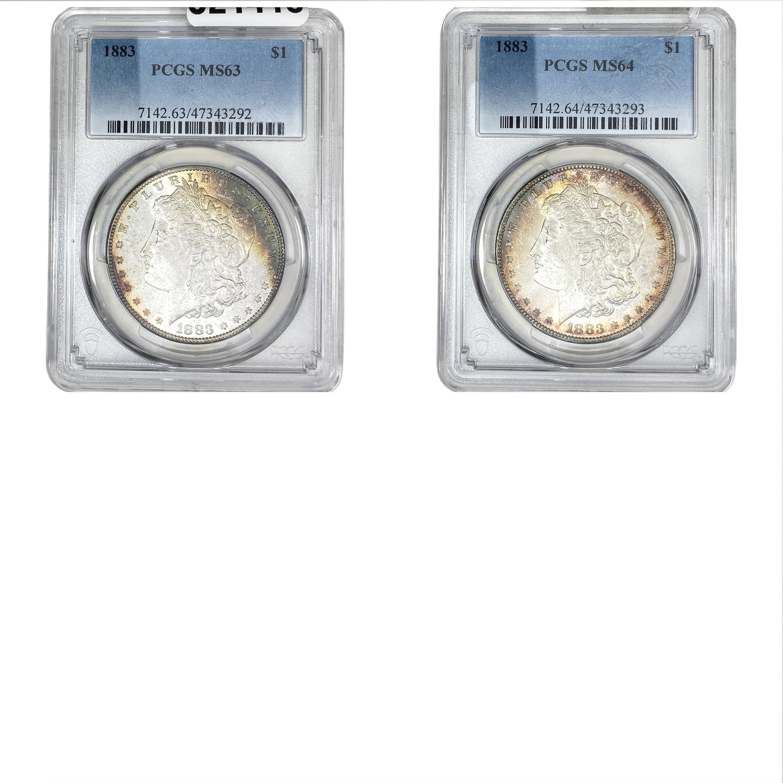 [2 Coins] 1883 Morgan Silver Dollar PCGS MS63-64: [2 Coins] 1883 Morgan Silver Dollar PCGS MS63-64