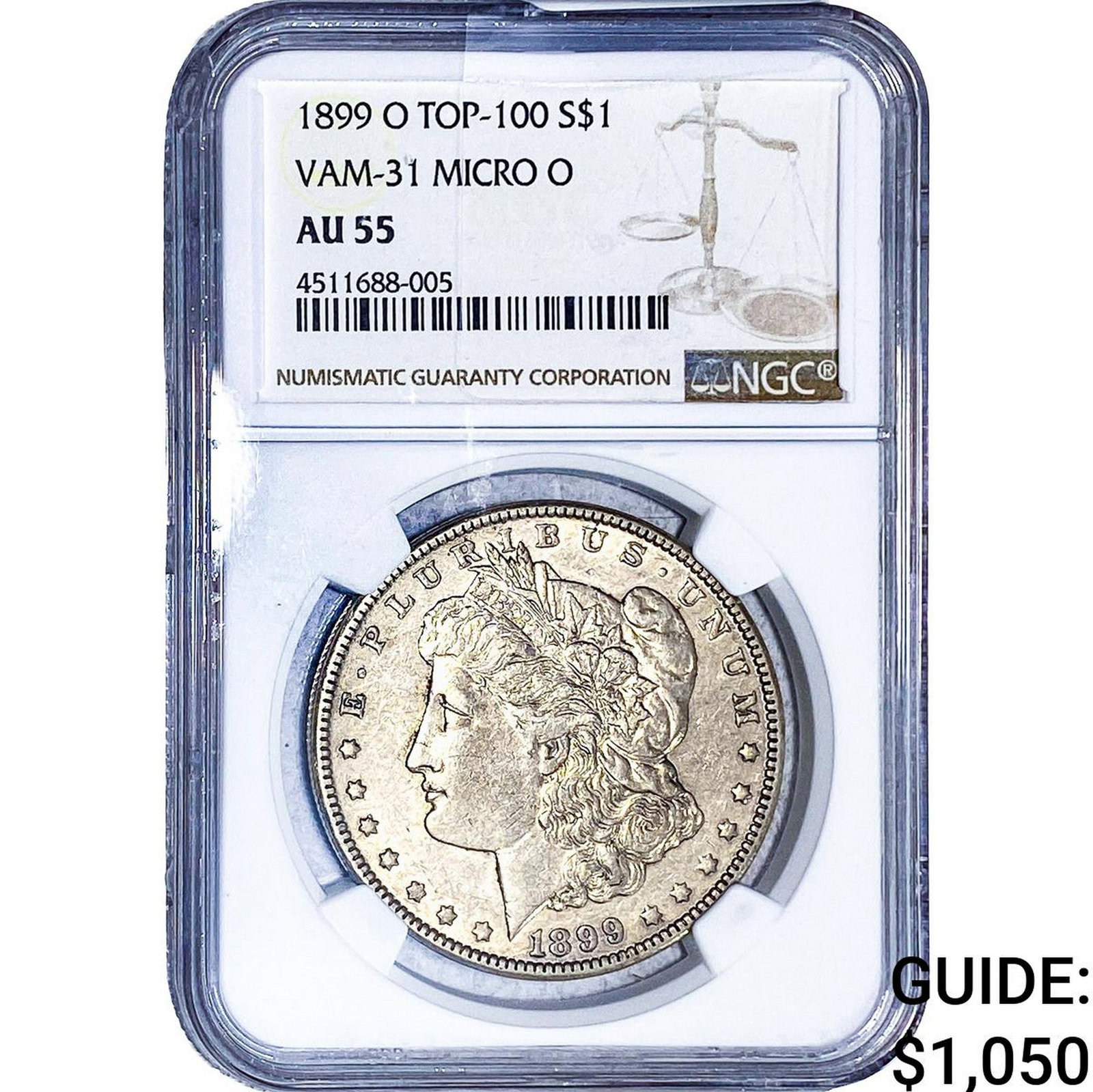 1899-O Morgan Silver Dollar NGC AU55 VAM-31 Micro O: 1899-O Morgan Silver Dollar NGC AU55 VAM-31 Micro O