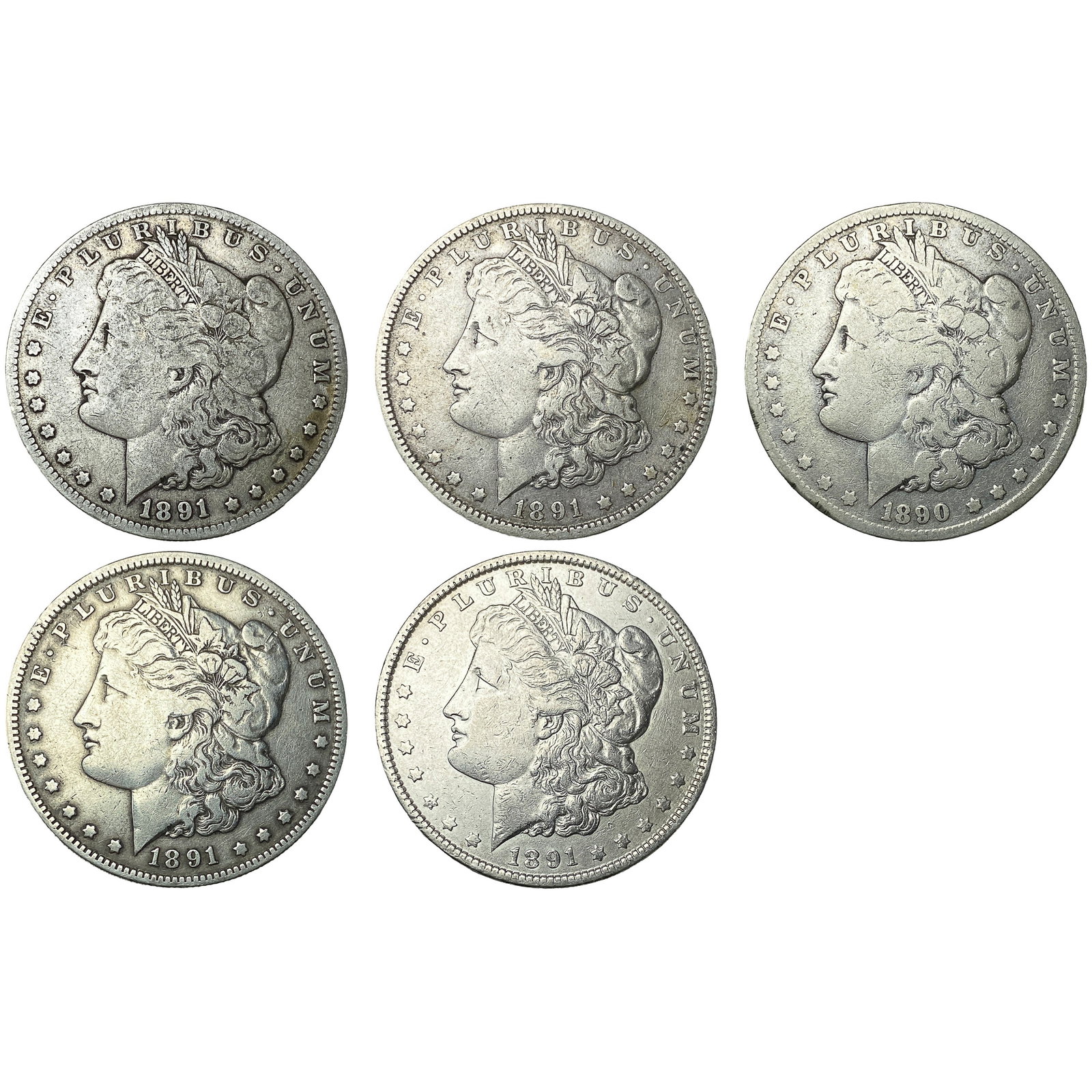[5 Coins] 1890-1891 Morgan Silver Dollar: [5 Coins] 1890-1891 Morgan Silver Dollar