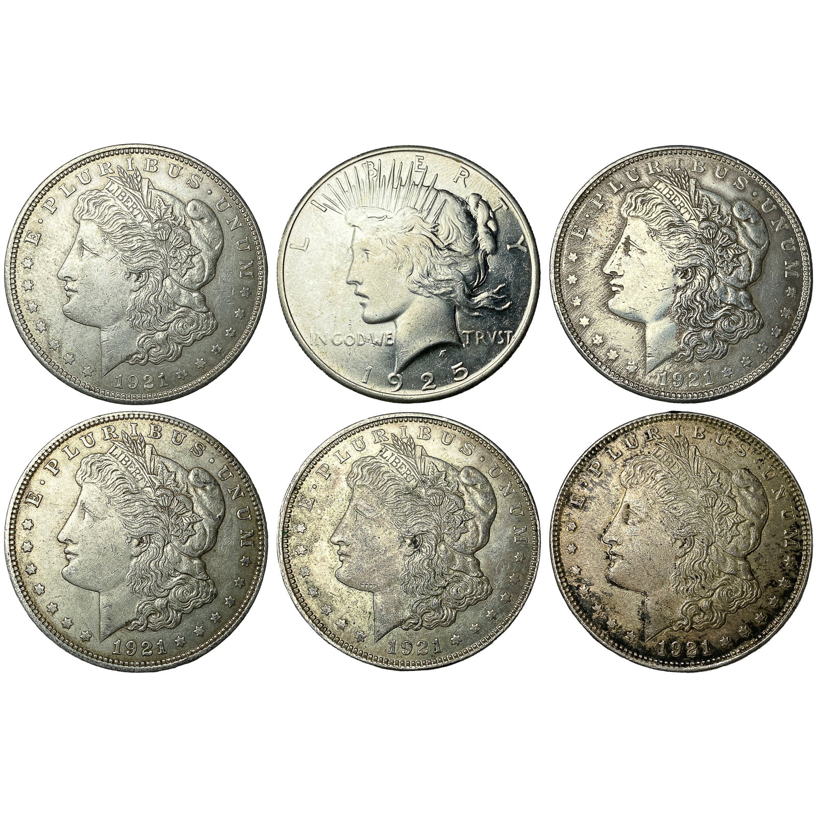 [6 Coins] 1921-1925 Morgan $1s & Peace $1: [6 Coins] 1921-1925 Morgan $1s & Peace $1