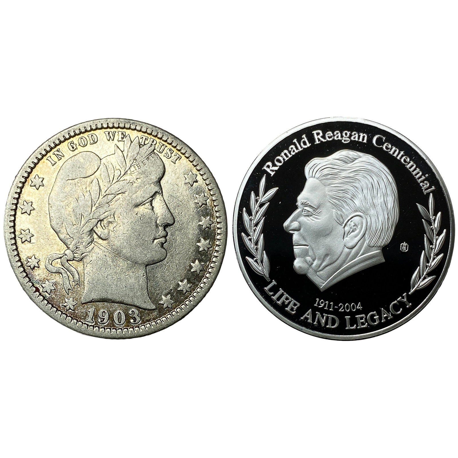 [2 Coins] 1903-2004 Barber 25C & Ronald Reagan Coins: [2 Coins] 1903-2004 Barber 25C & Ronald Reagan Coins