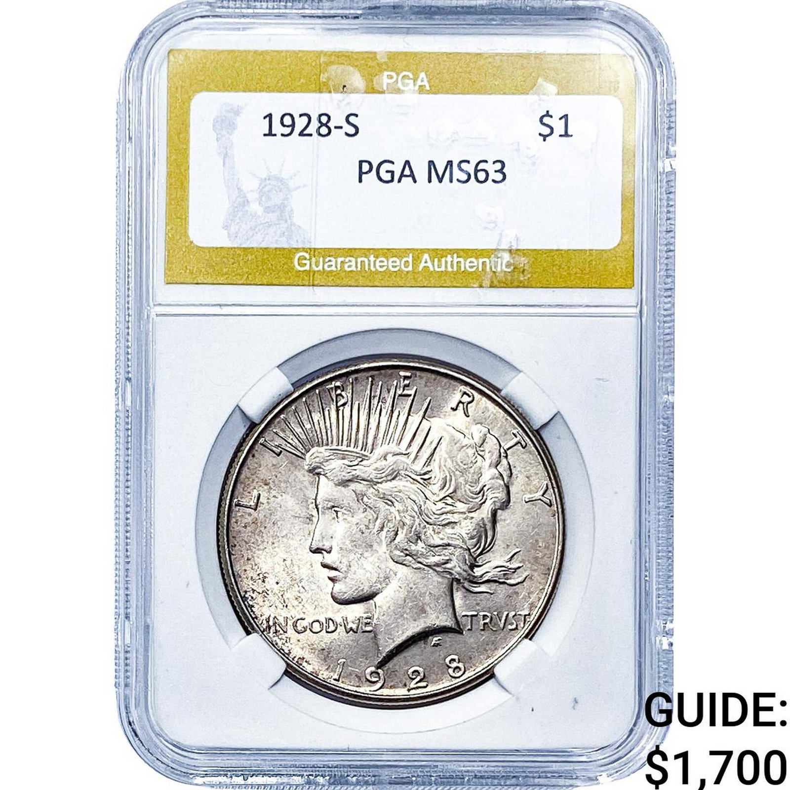 1928-S Silver Peace Dollar PGA MS63: 1928-S Silver Peace Dollar PGA MS63