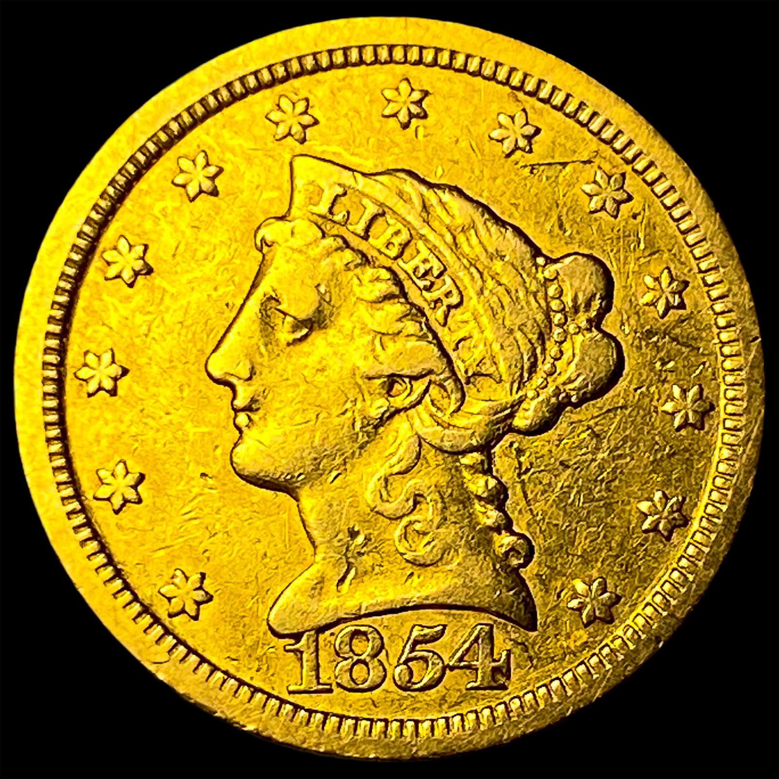 1854 Gold $2.5 Liberty Head Quarter Eagle CLOSELY UNCIRCULATED: 1854 Gold $2.5 Liberty Head Quarter Eagle CLOSELY UNCIRCULATED