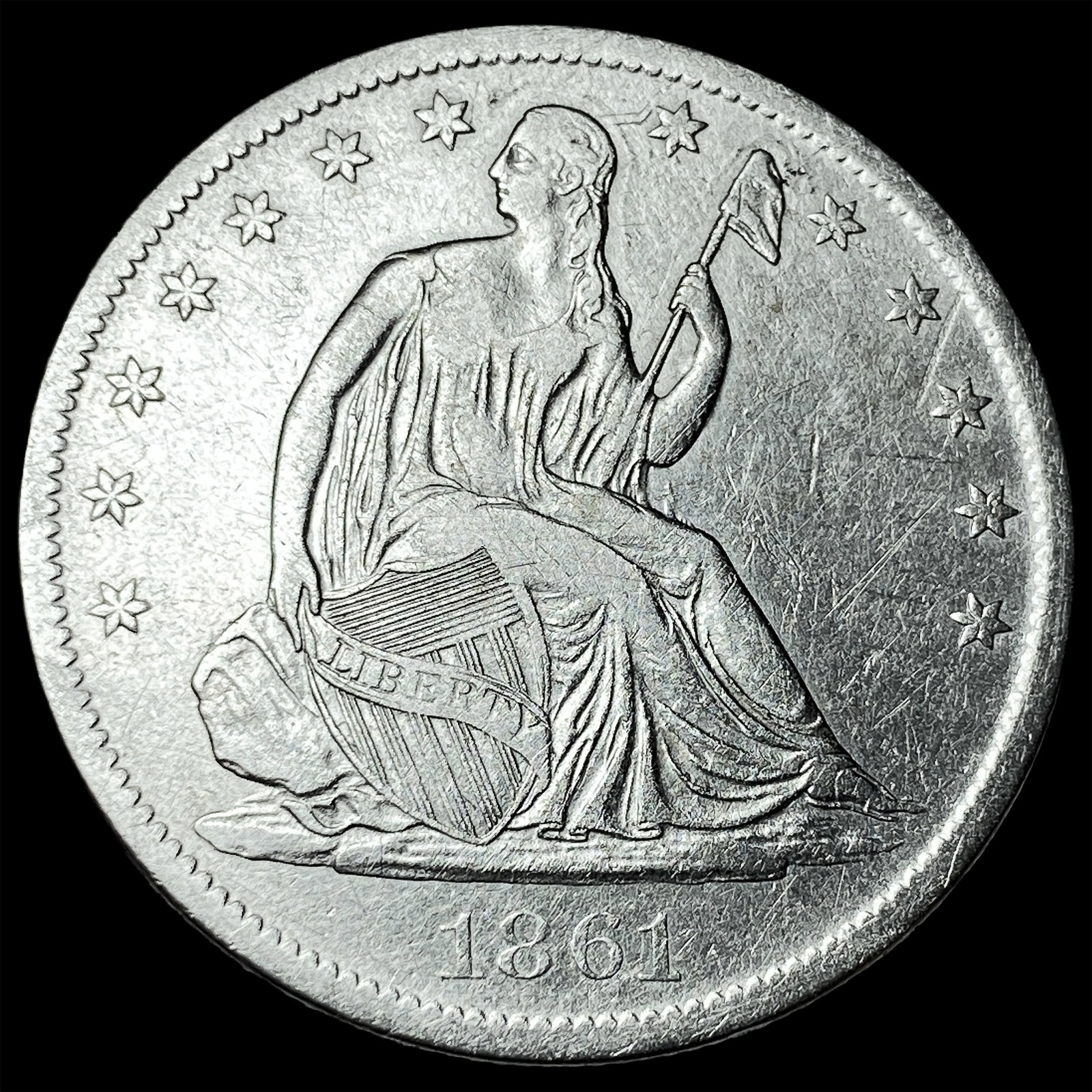1861-S Silver Seated Liberty Half Dollar CLOSELY UNCIRCULATED: 1861-S Silver Seated Liberty Half Dollar CLOSELY UNCIRCULATED