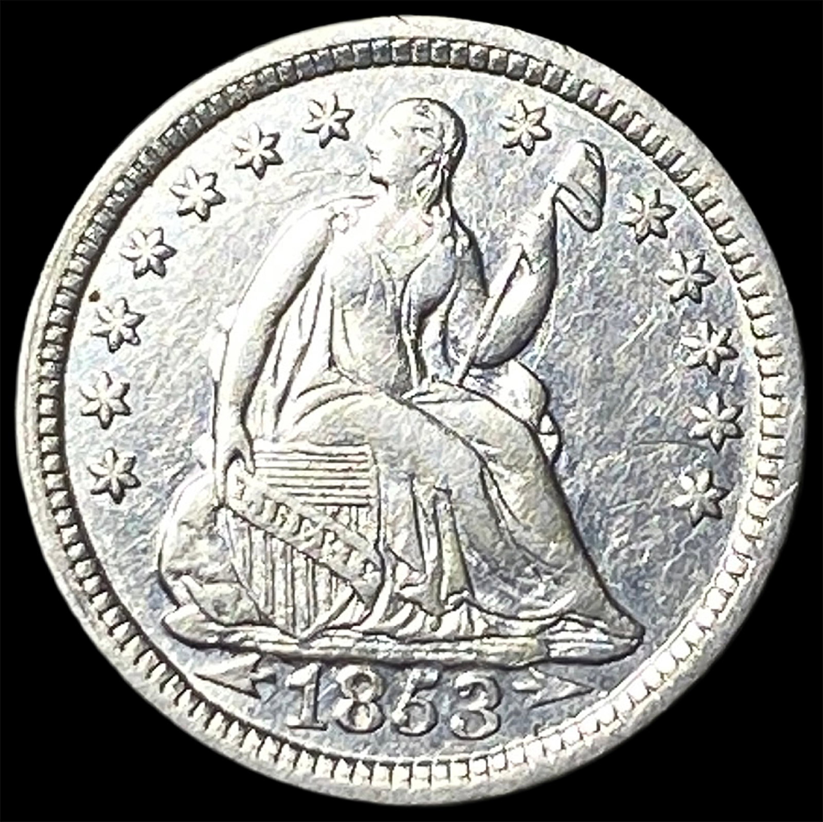 1853 Arrows Silver Seated Liberty Half Dime CLOSELY UNCIRCULATED: 1853 Arrows Silver Seated Liberty Half Dime CLOSELY UNCIRCULATED