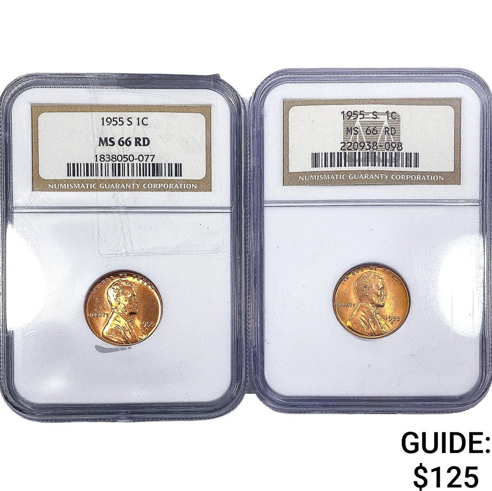 [2 Coins] 1955-S Wheat Cent NGC MS66 RD: [2 Coins] 1955-S Wheat Cent NGC MS66 RD