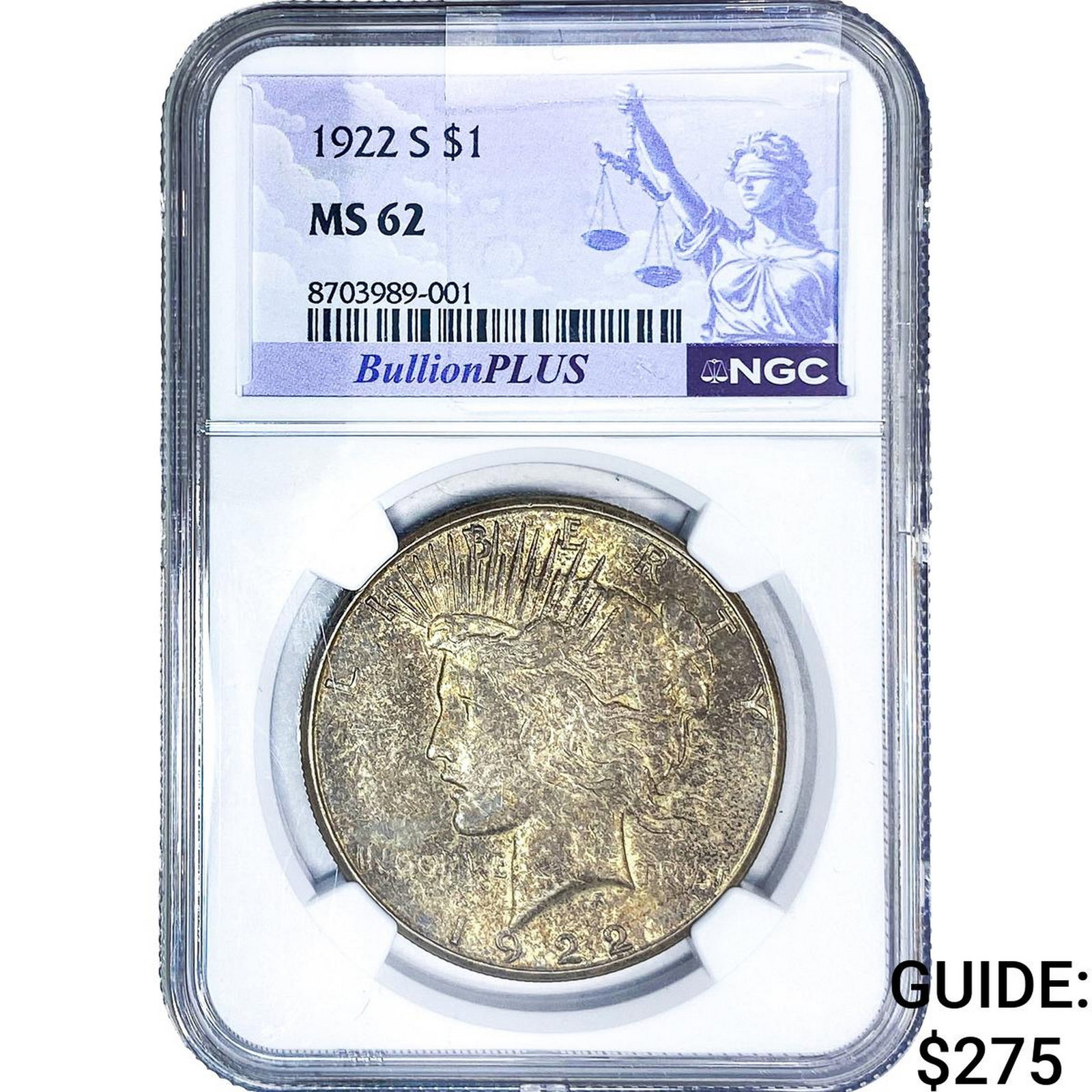 1922-S Silver Peace Dollar NGC MS62: 1922-S Silver Peace Dollar NGC MS62