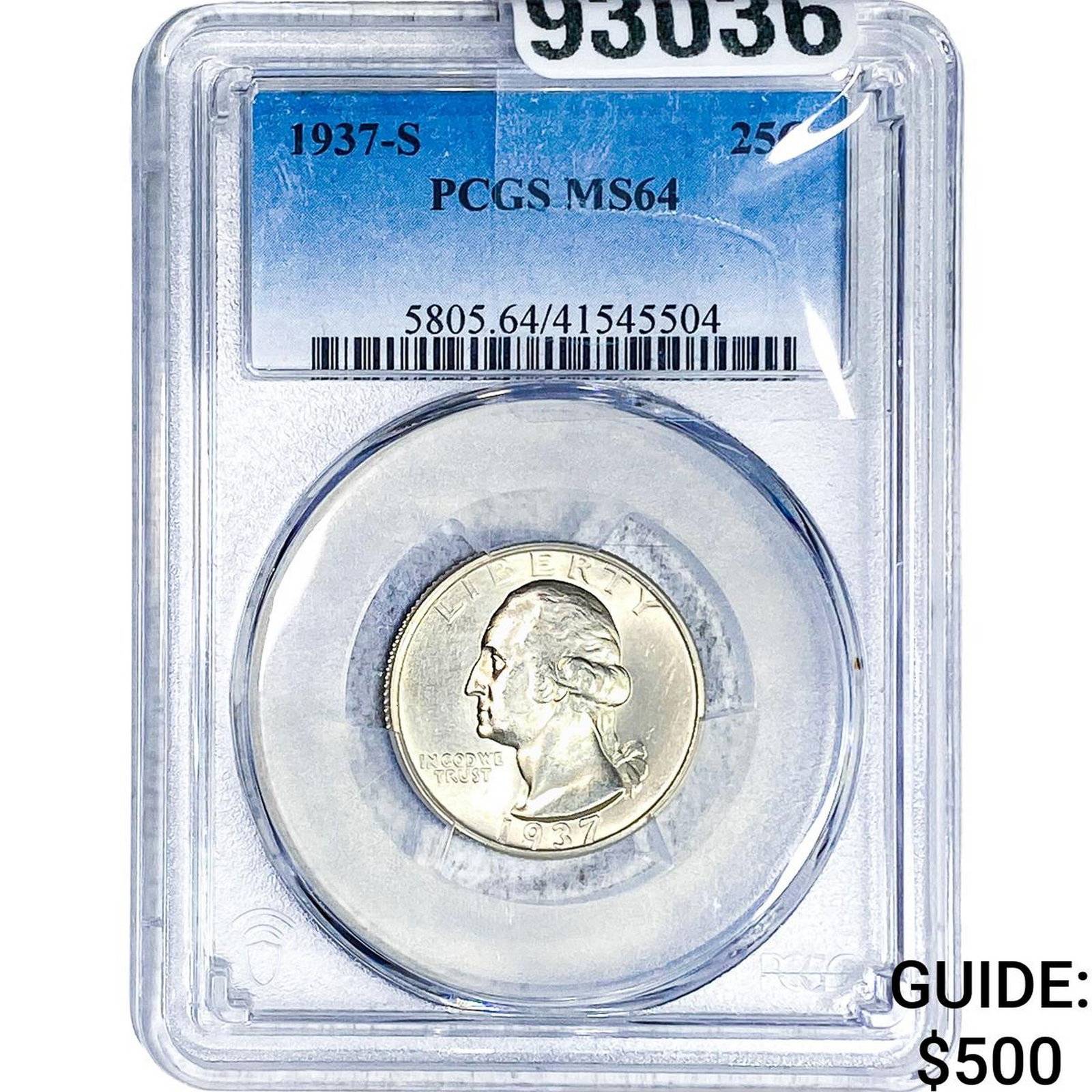 1937-S Washington Silver Quarter PCGS MS64: 1937-S Washington Silver Quarter PCGS MS64