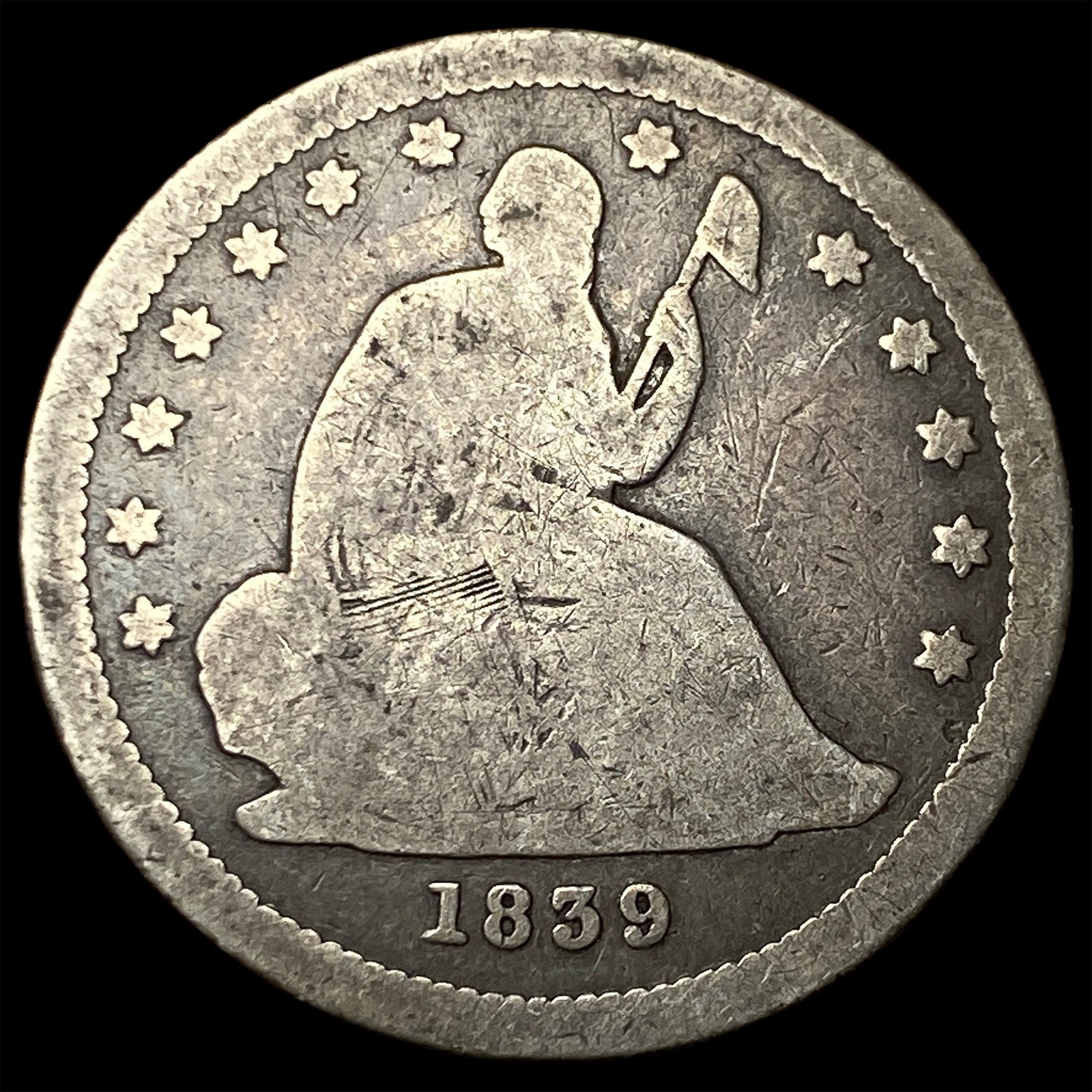 1839 Silver Seated Liberty Quarter NICELY CIRCULATED: 1839 Silver Seated Liberty Quarter NICELY CIRCULATED