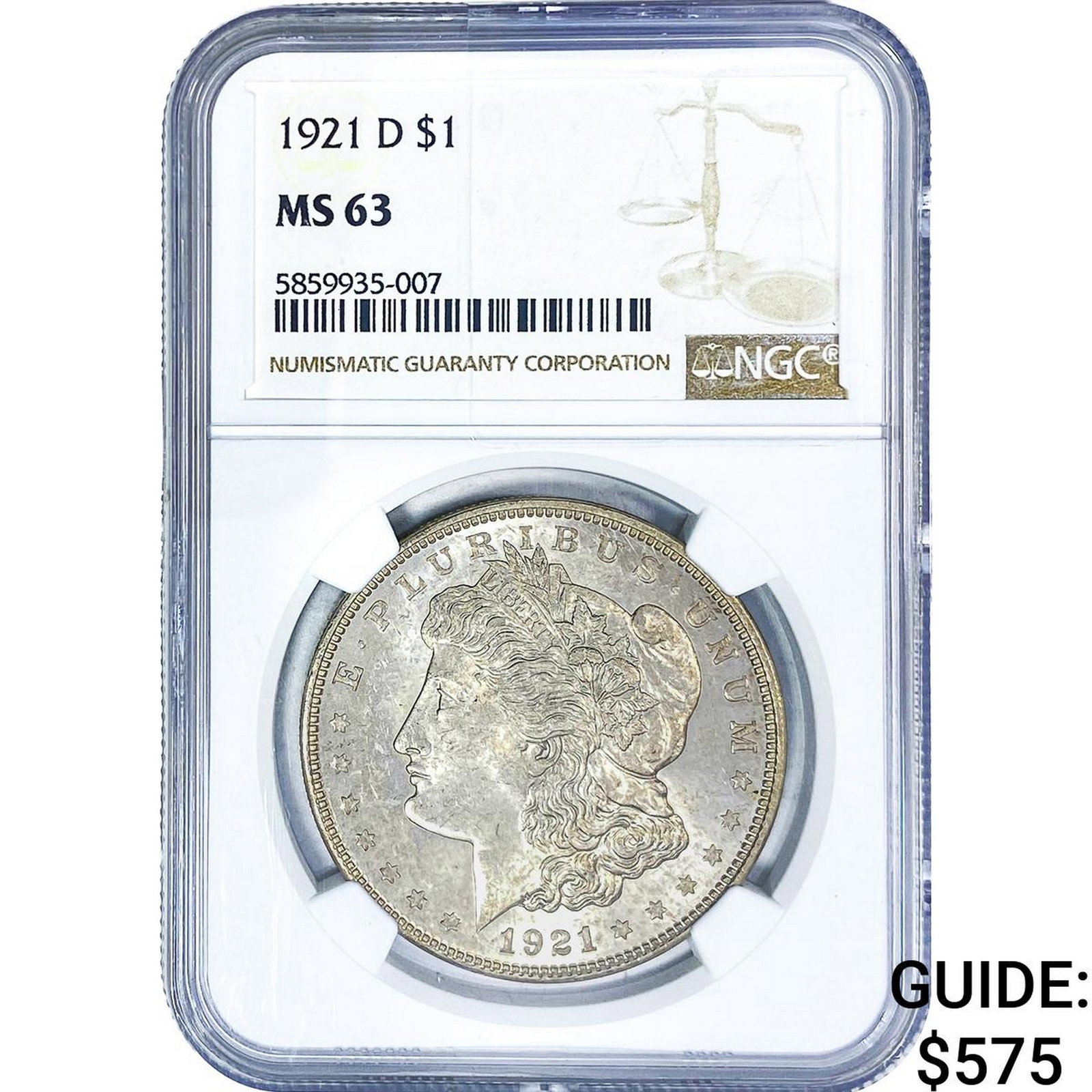 1921-D Morgan Silver Dollar NGC MS63: 1921-D Morgan Silver Dollar NGC MS63