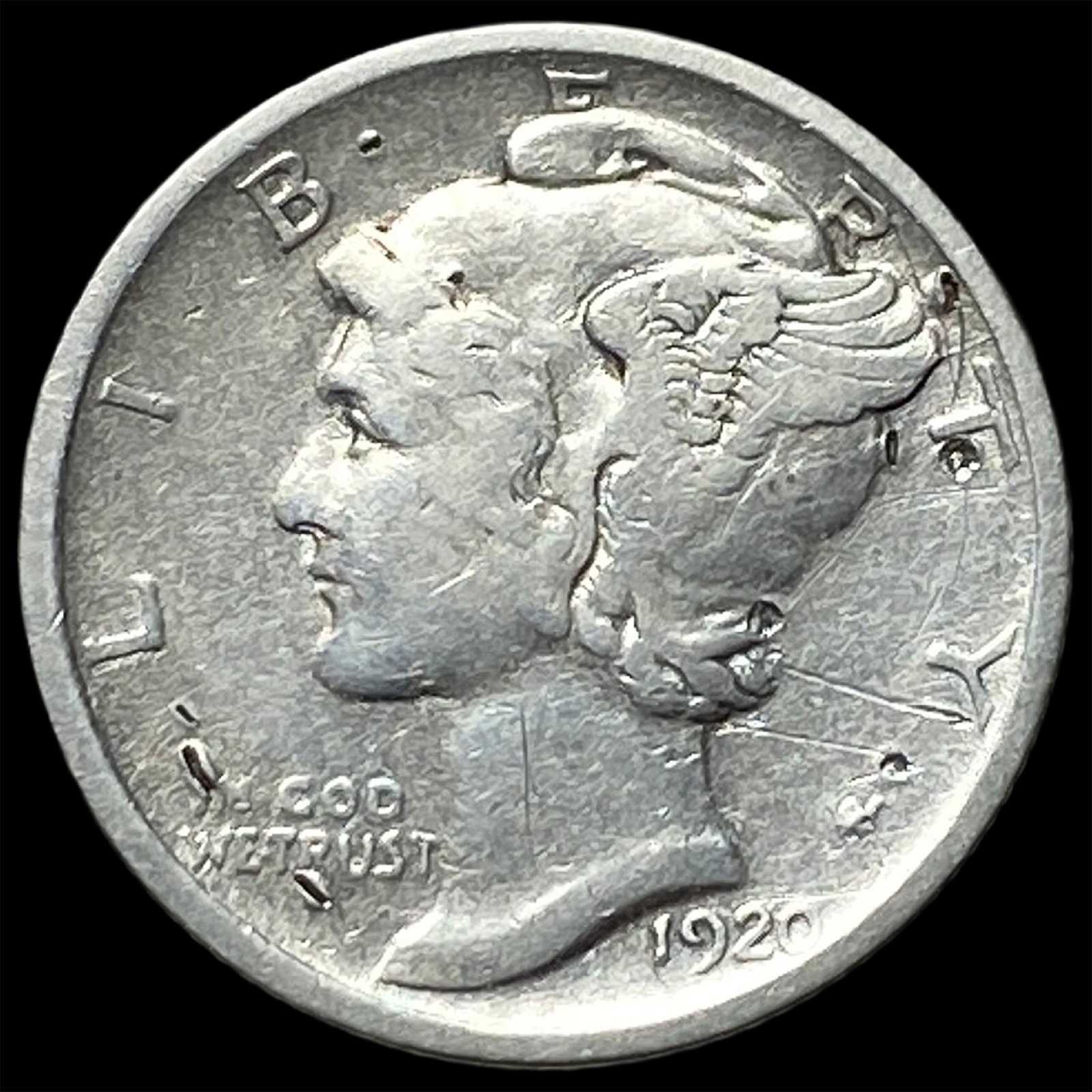 1920-S Silver Mercury Dime ABOUT UNCIRCULATED: 1920-S Silver Mercury Dime ABOUT UNCIRCULATED