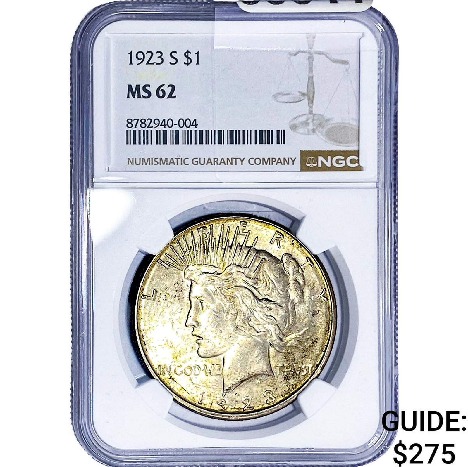 1923-S Silver Peace Dollar NGC MS62: 1923-S Silver Peace Dollar NGC MS62