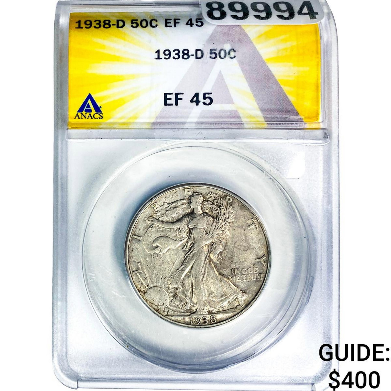 1938-D Walking Liberty Half Dollar ANACS EF45: 1938-D Walking Liberty Half Dollar ANACS EF45