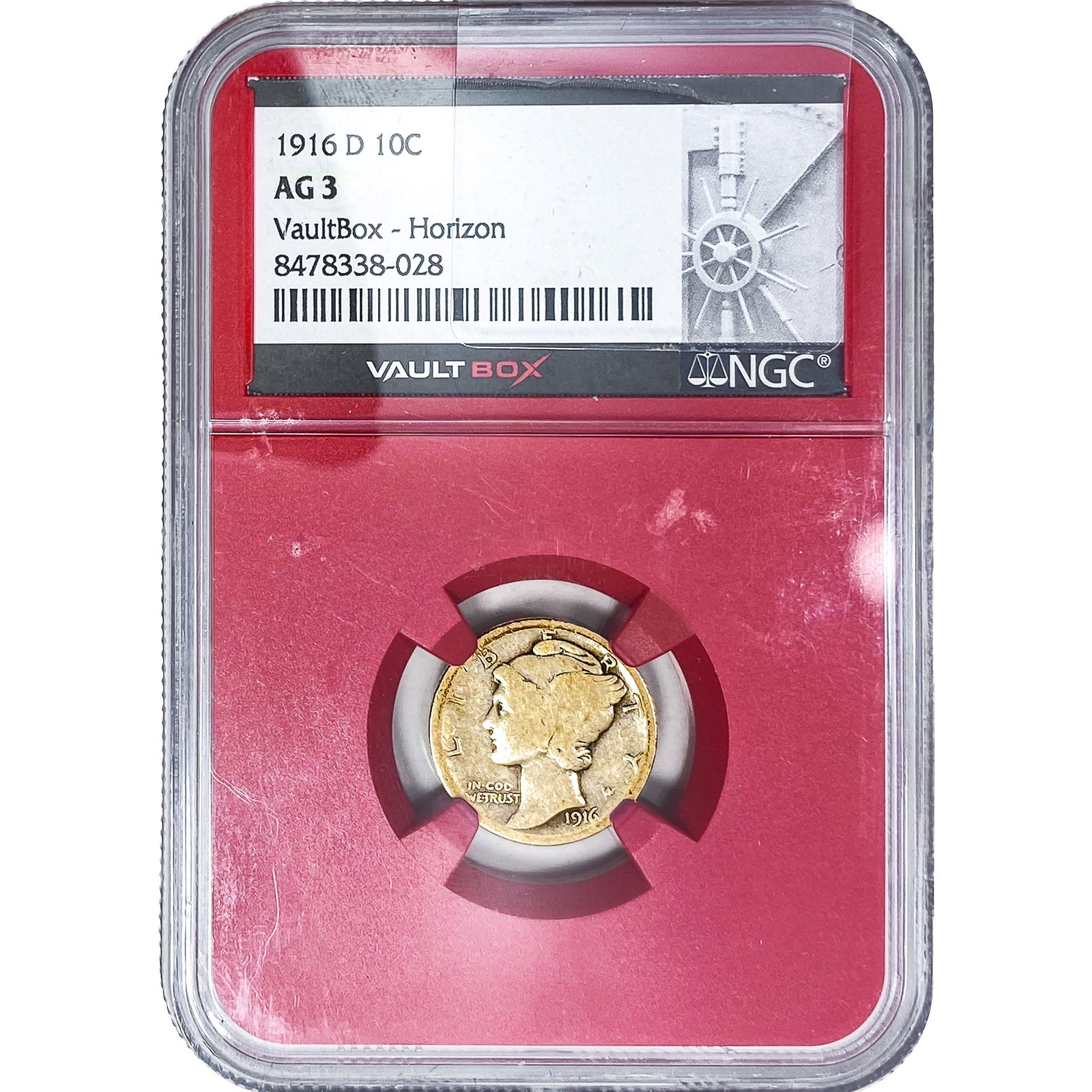 1916-D Mercury Silver Dime NGC AG3 Vaultbox: 1916-D Mercury Silver Dime NGC AG3 Vaultbox