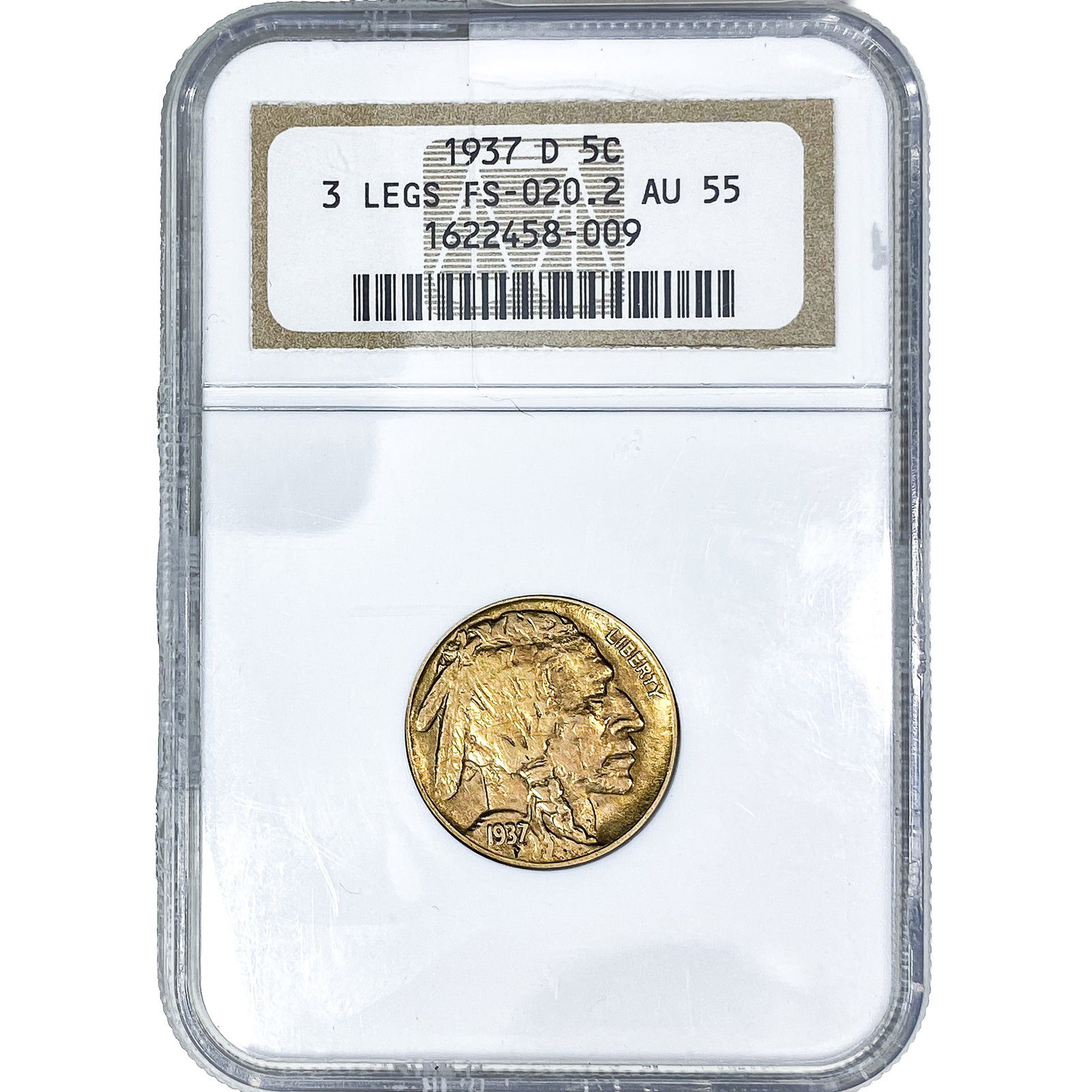 1937-D Buffalo Nickel NGC AU55 3 Legs FS-020.2: 1937-D Buffalo Nickel NGC AU55 3 Legs FS-020.2