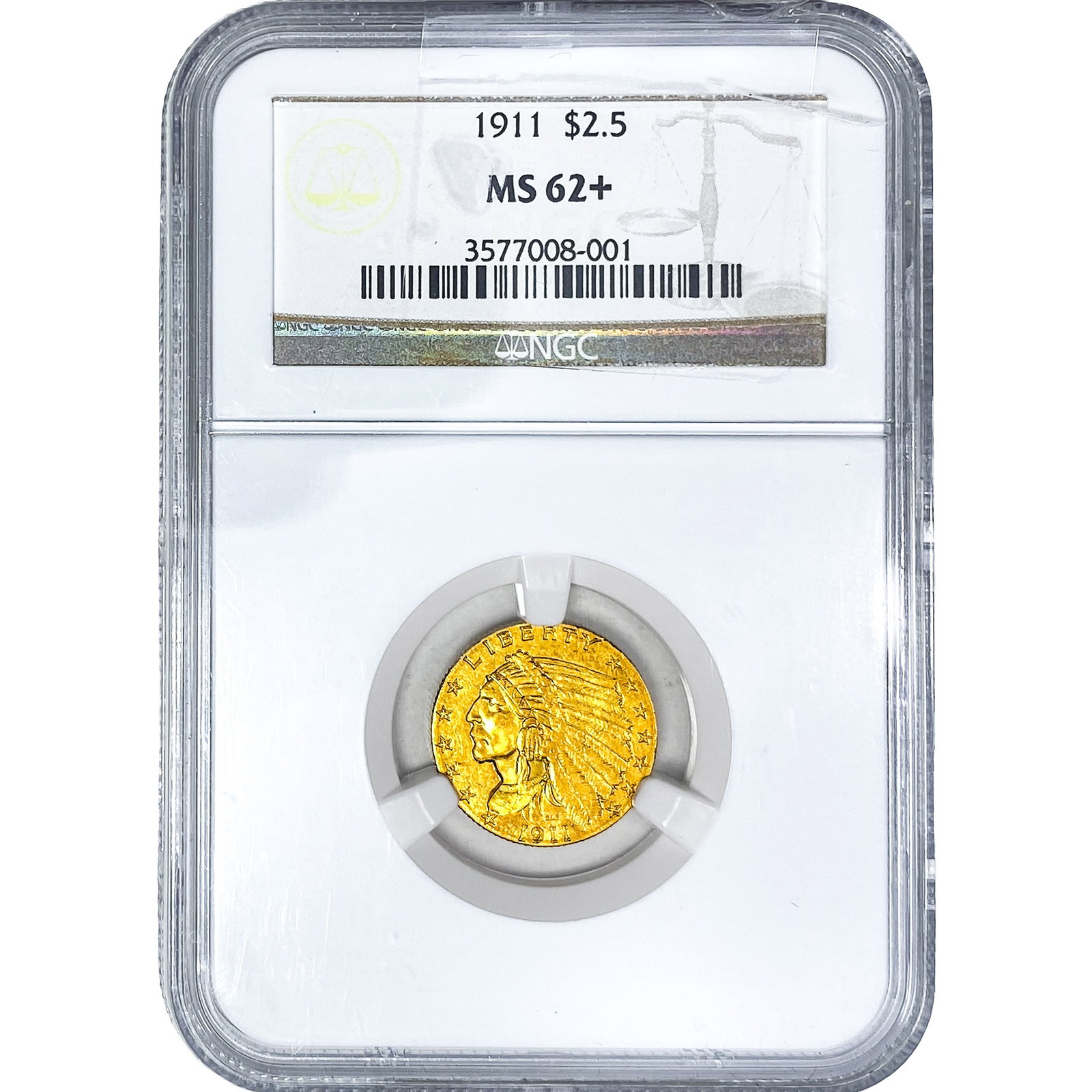 1911 $2.50 Gold Quarter Eagle NGC MS62+: 1911 $2.50 Gold Quarter Eagle NGC MS62+
