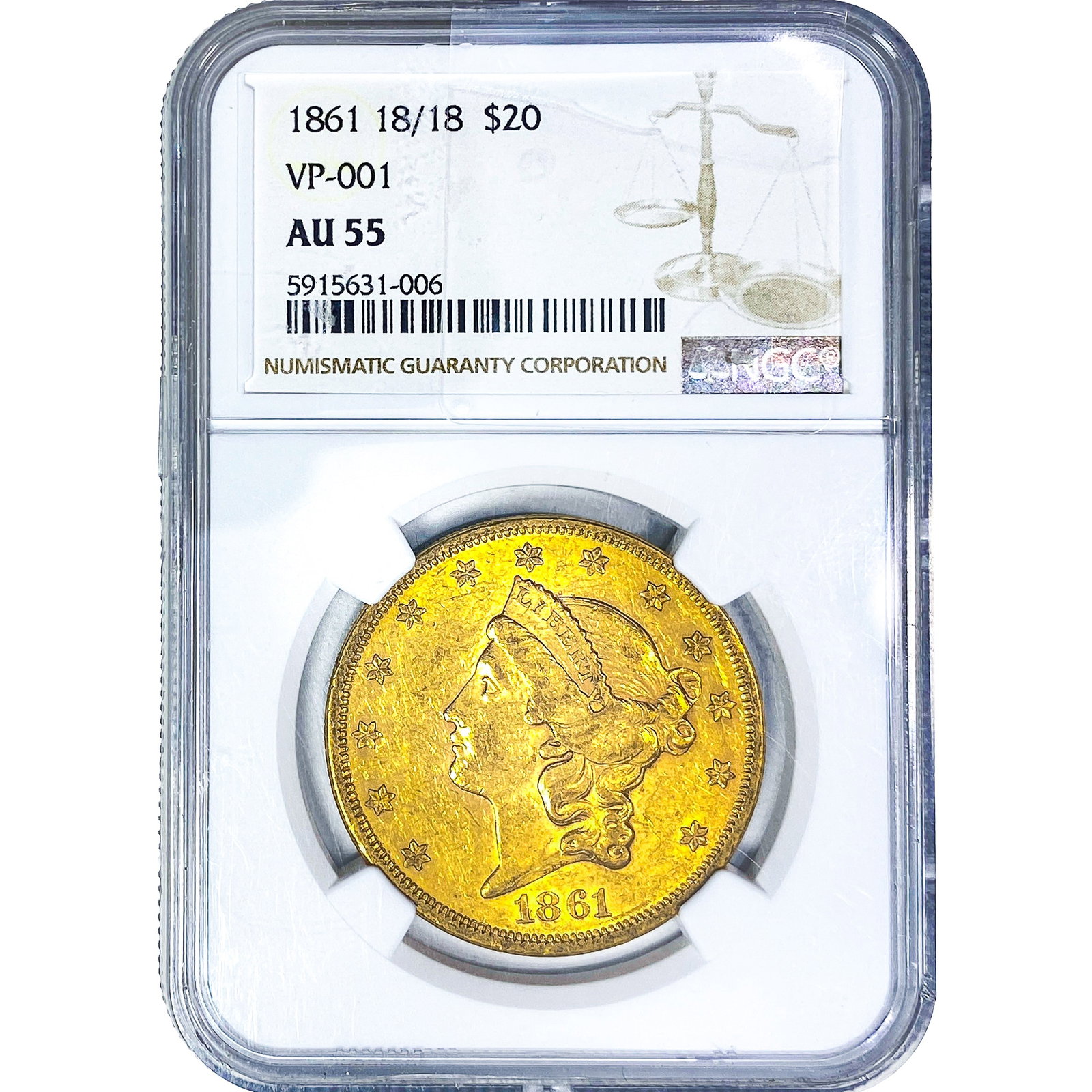 1861 18/18 $20 Gold Double Eagle NGC AU55 VP-001: 1861 18/18 $20 Gold Double Eagle NGC AU55 VP-001