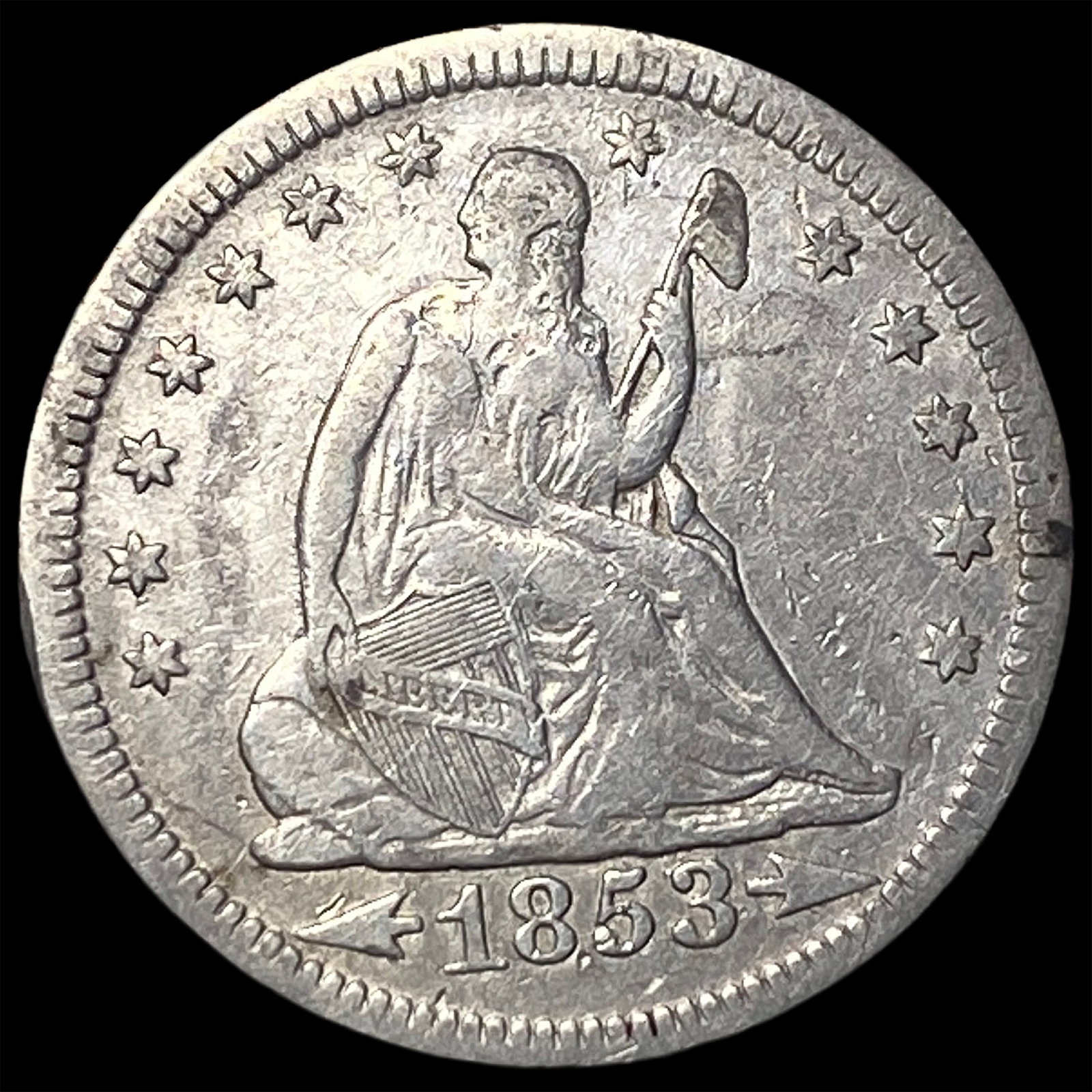 1853 Arrows/Rays Seated Liberty Quarter CLOSELY UNCIRCULATED: 1853 Arrows/Rays Seated Liberty Quarter CLOSELY UNCIRCULATED