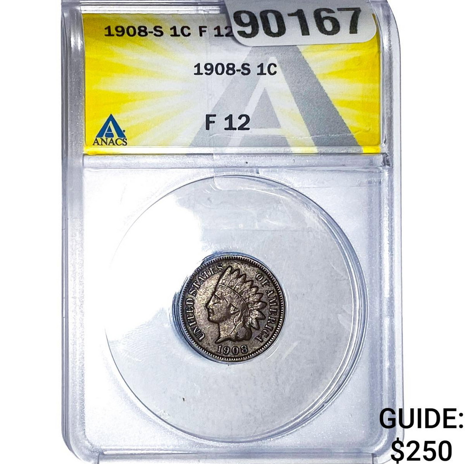 1908-S Indian Head Cent ANACS F12: 1908-S Indian Head Cent ANACS F12
