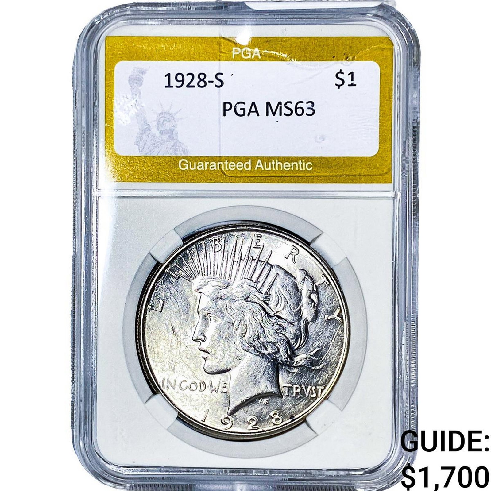 1928-S Silver Peace Dollar PGA MS63: 1928-S Silver Peace Dollar PGA MS63