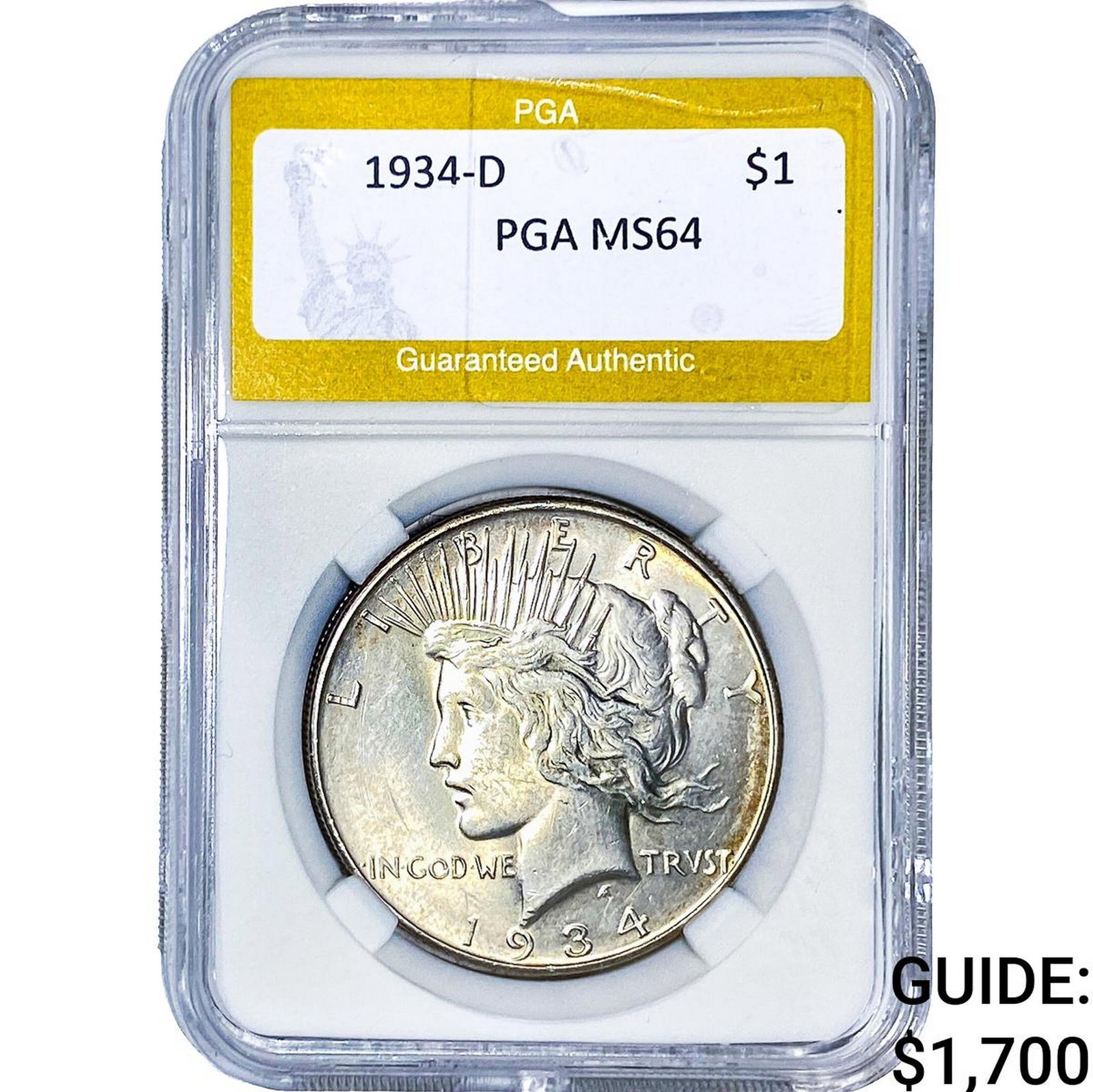 1934-D Silver Peace Dollar PGA MS64: 1934-D Silver Peace Dollar PGA MS64