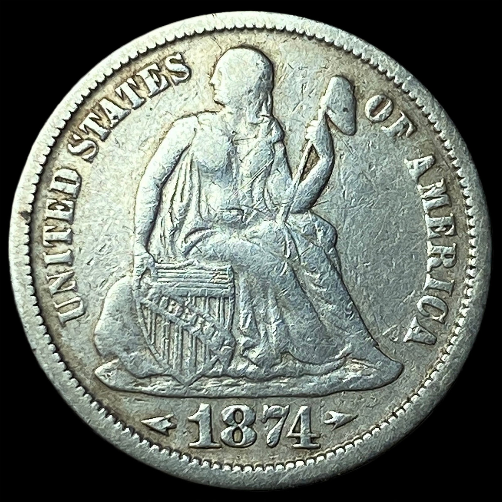 1874 Arrows Seated Liberty Dime LIGHTLY CIRCULATED: 1874 Arrows Seated Liberty Dime LIGHTLY CIRCULATED