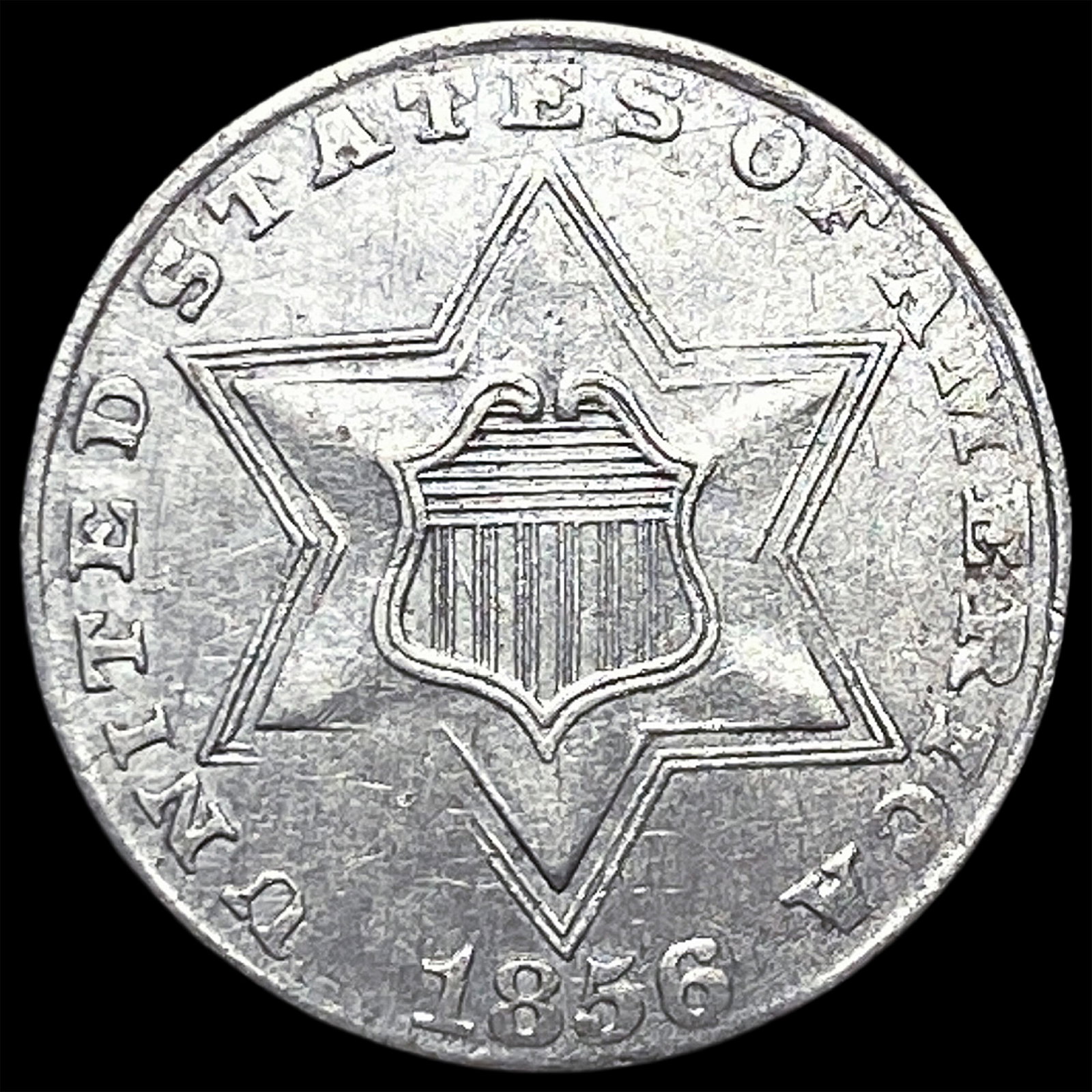 1856 Silver Three-Cent Piece CLOSELY UNCIRCULATED: 1856 Silver Three-Cent Piece CLOSELY UNCIRCULATED
