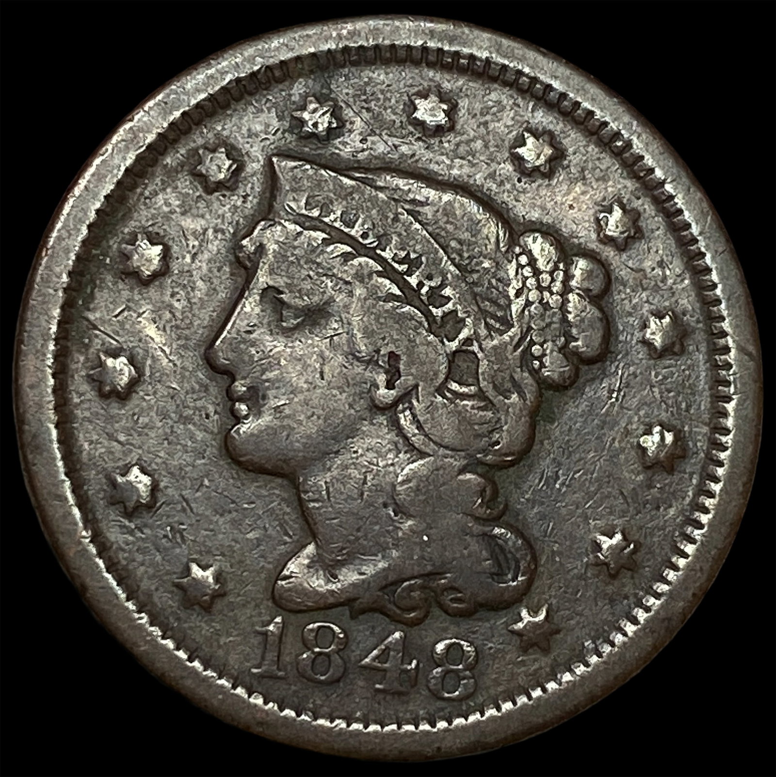 1848 Braided Hair Large Cent NICELY CIRCULATED: 1848 Braided Hair Large Cent NICELY CIRCULATED
