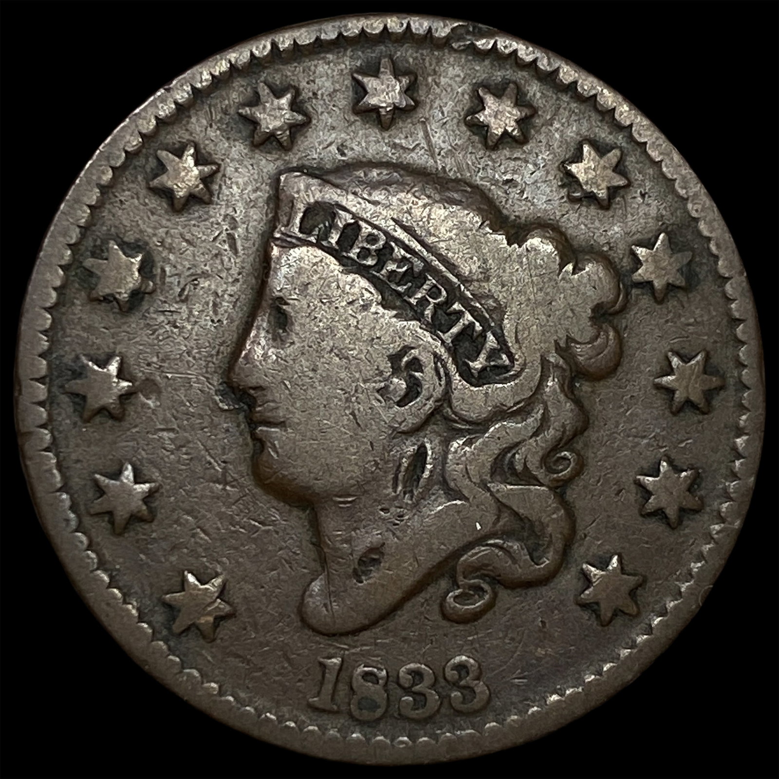 1833 Coronet Head Large Cent NICELY CIRCULATED: 1833 Coronet Head Large Cent NICELY CIRCULATED
