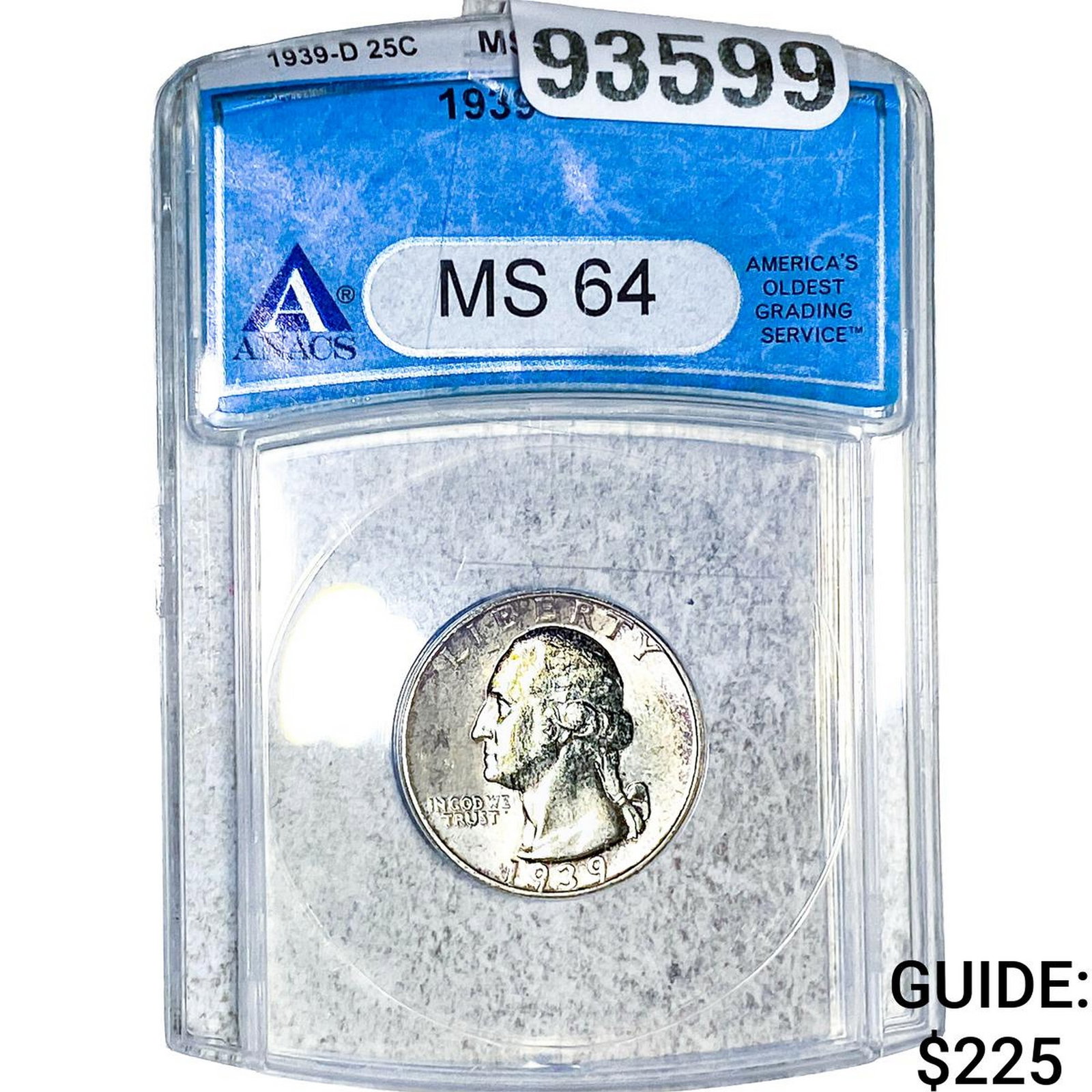 1939-D Washington Silver Quarter ANACS MS64: 1939-D Washington Silver Quarter ANACS MS64