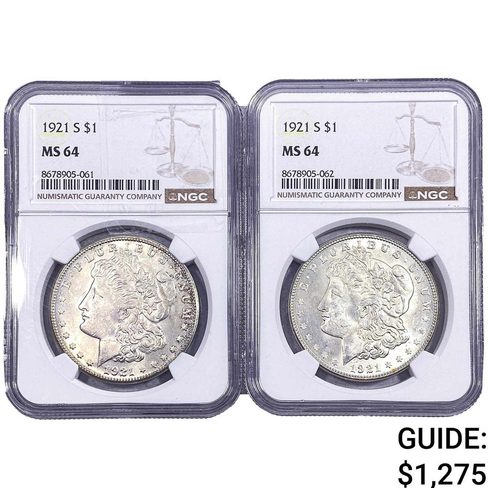 [2 Coins] 1921-S Morgan Silver Dollar NGC MS64: [2 Coins] 1921-S Morgan Silver Dollar NGC MS64